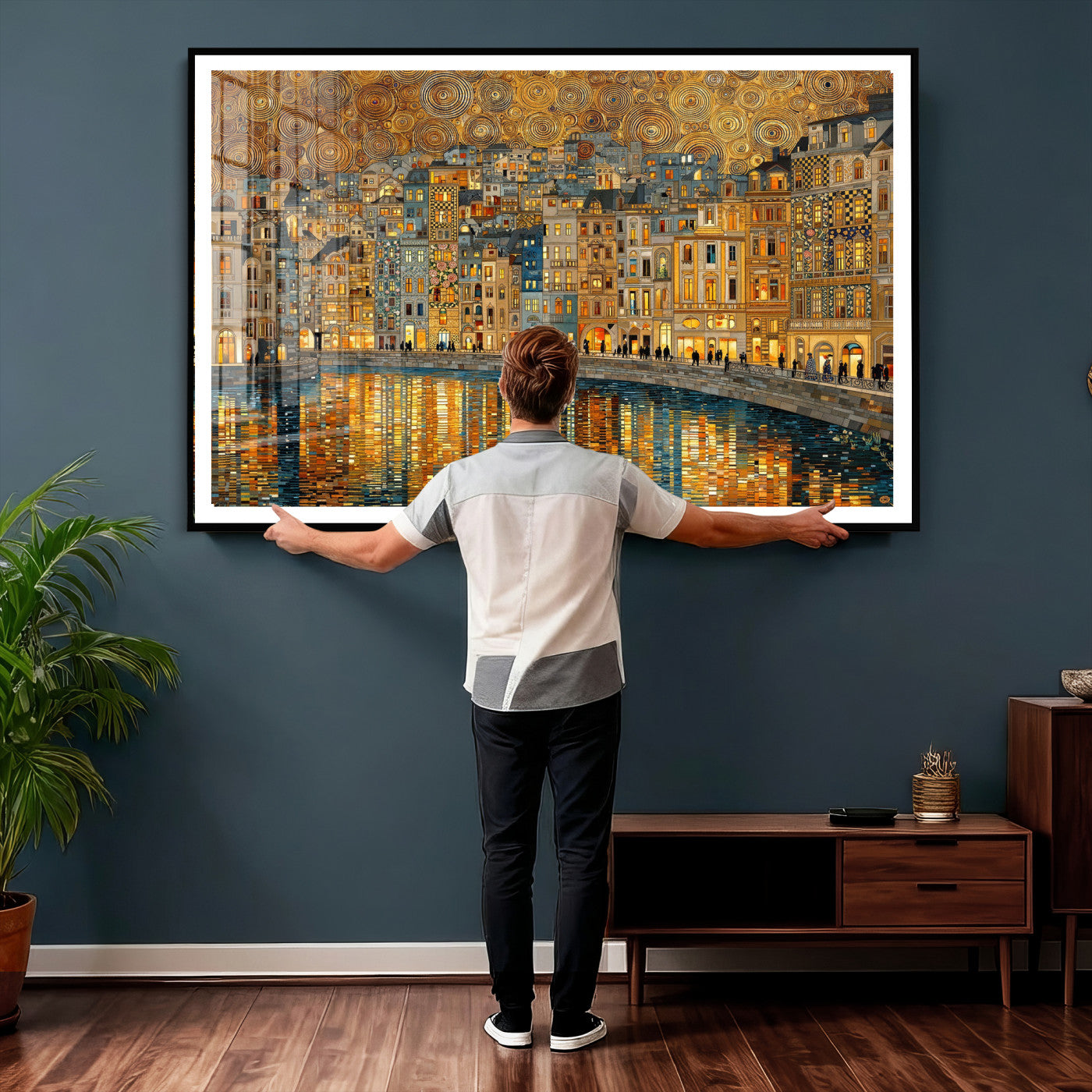 94022787-MGV-CV-36X24 - Gustav Klimt Golden Cityscape Wall Art Canvas Print, Framed River Town Landscape Artwork, Ornate Architecture Wall Decor for Living Room Bedroom Office