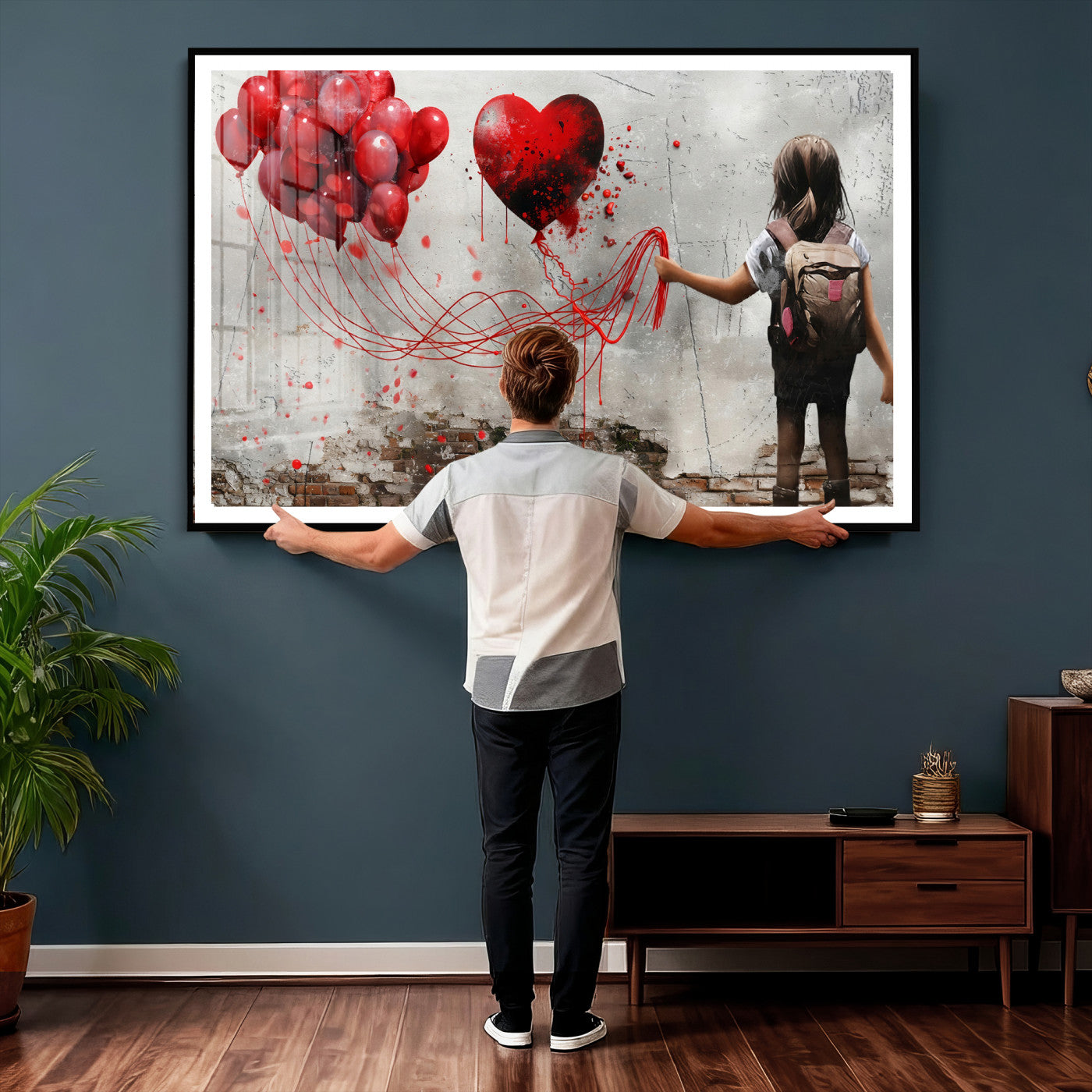 2162830T-MGV-CV-36X24 - Girl Graffiti Wall Art Canvas Print, Red Balloon Heart Street Art, Urban Love Artwork for Living Room Bedroom Hallway Office, Modern Abstract Canvas Wall Decor Home Decor