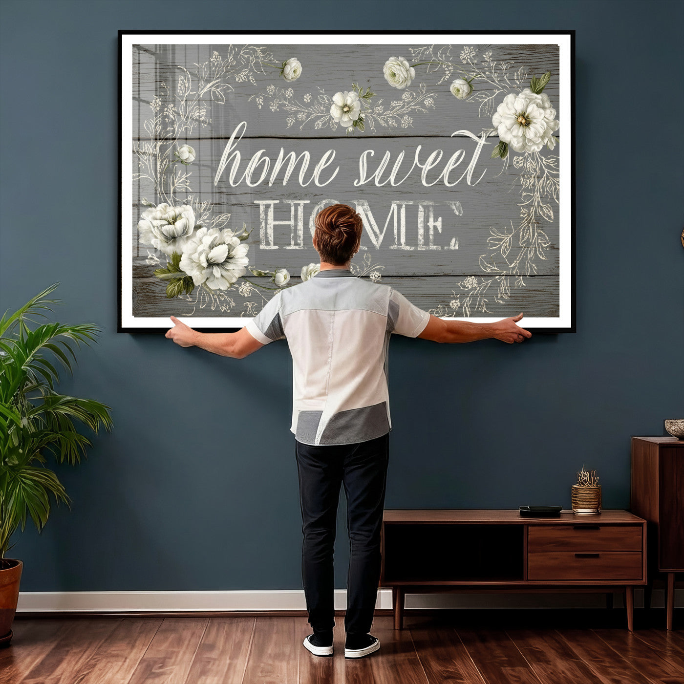 32056075-MGV-CV-36X24 - Home Sweet Home Wall Art Canvas Print, Floral Farmhouse Sign, Rustic Neutral Entryway Bedroom Living Room Decor