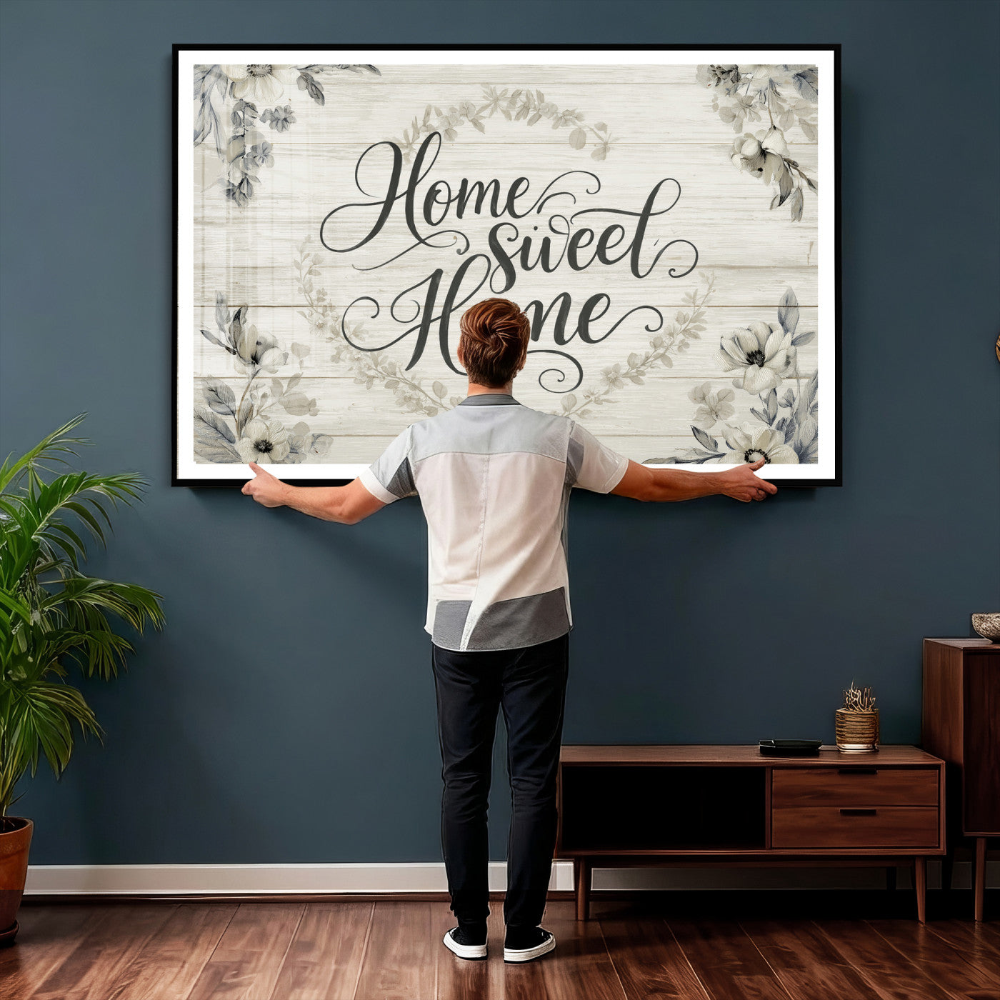 81157008-MGV-CV-36X24 - Home Sweet Home Wall Art Canvas Print, Floral Farmhouse Sign, Rustic Neutral Entryway Bedroom Living Room Decor