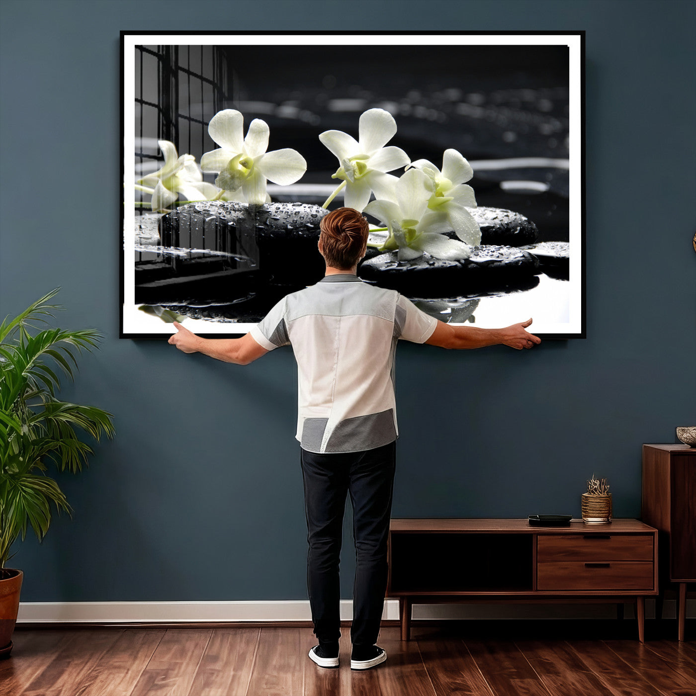 79486206-MGV-CV-36X24 - Plumeria Frangipani Black Stone Canvas | White Flower Spa Photography Print | Tropical Zen Wall Art | Grey Pebble Floral for Meditation Room Decor