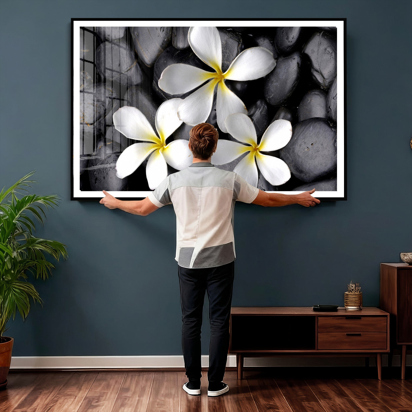 43639613-MGV-CV-36X24 - Plumeria Frangipani Black Stone Canvas | White Flower Spa Photography Print | Tropical Zen Wall Art | Grey Pebble Floral Decor