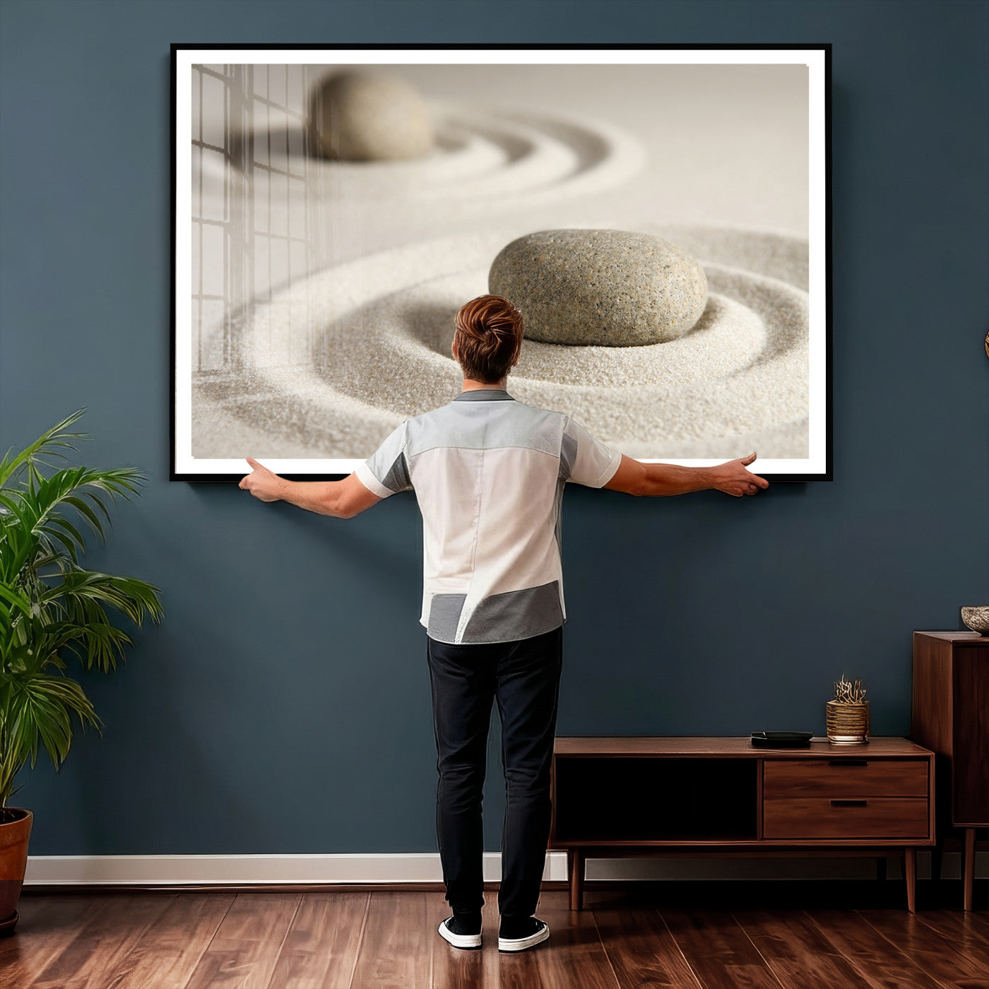 13397966-MGV-CV-36X24 - Zen Garden Stone Sand Canvas | Japanese Rock Garden Wall Art | Minimalist Meditation Print | Neutral Beige Mindfulness Decor