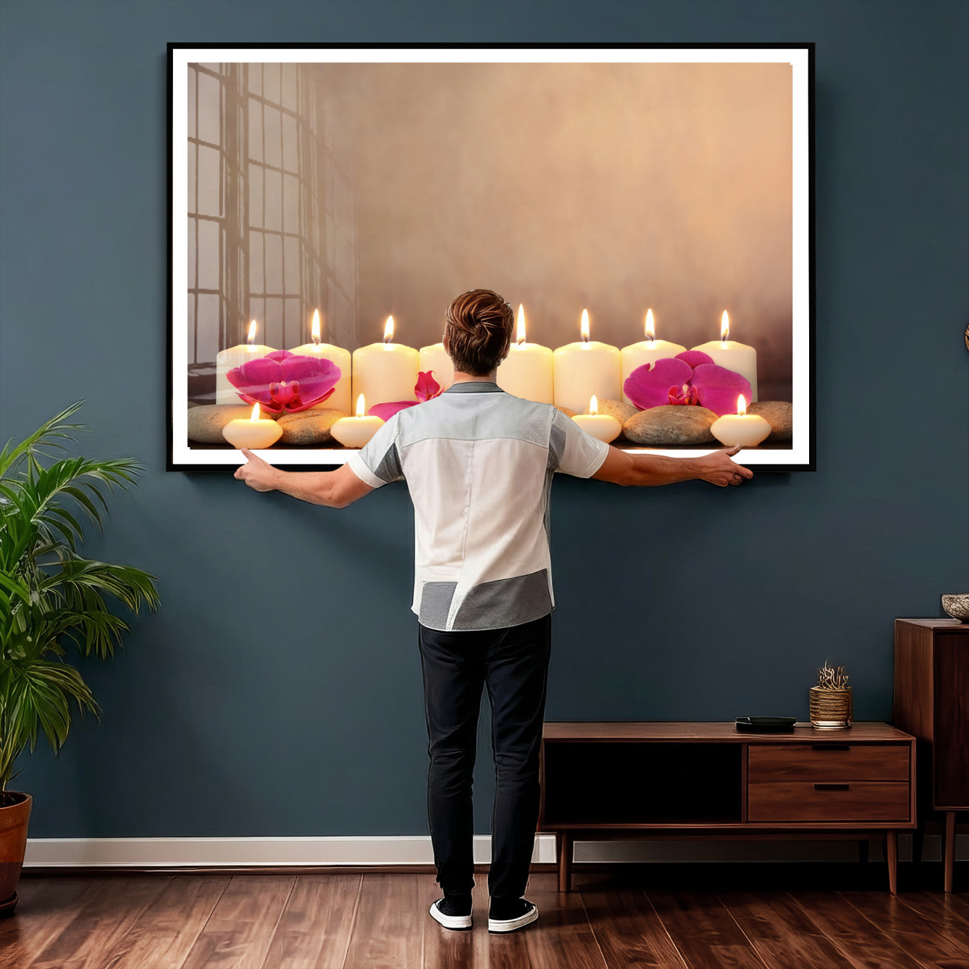 59470569-MGV-CV-36X24 - Spa Candles Orchid Canvas Print | Zen Wellness Relaxation Wall Art | Pink Flower Candlelight Bathroom Decor | Calm Beige Photography