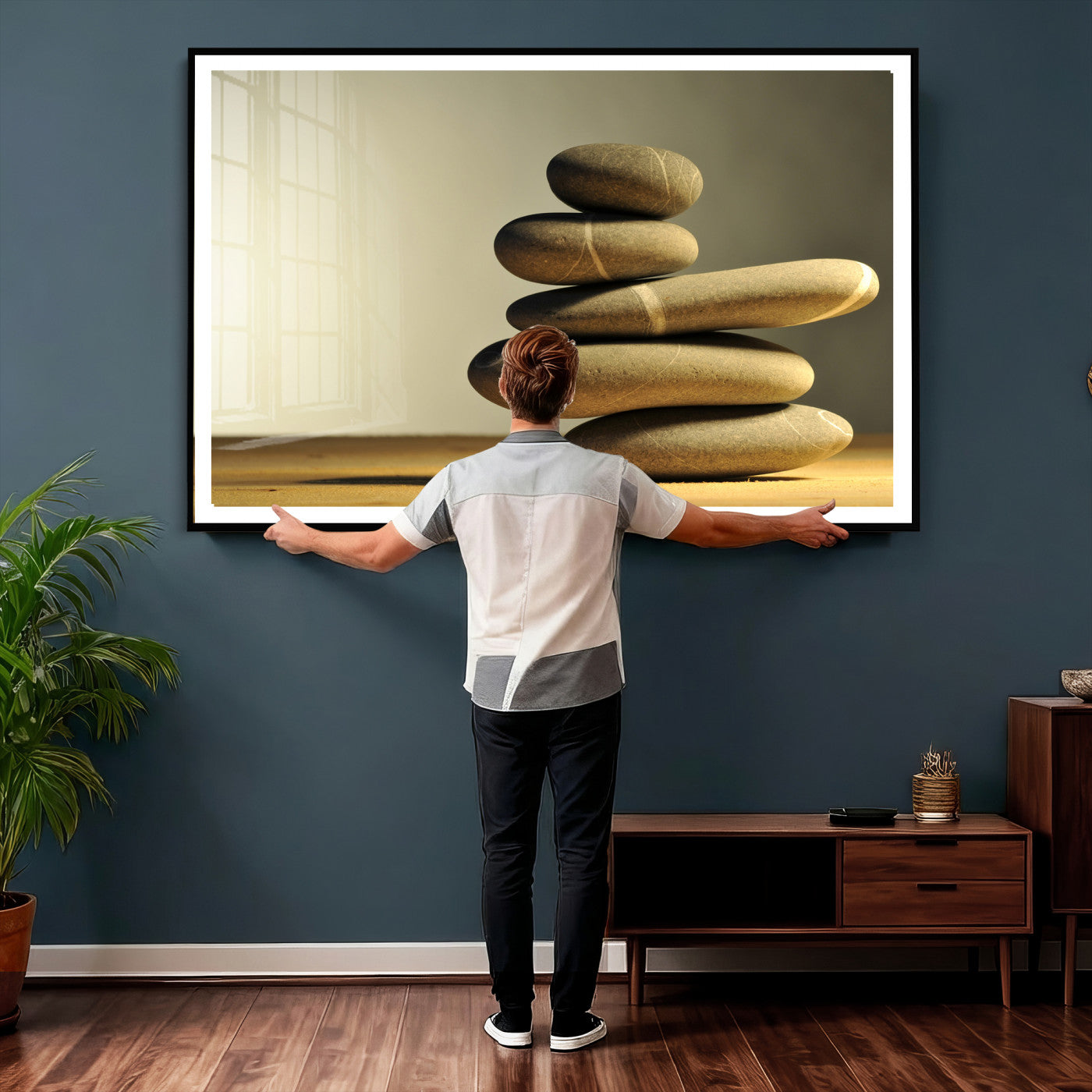 85424263-MGV-CV-36X24 - Zen Stone Wall Art Canvas Print, Balanced Rock Stack Framed Spa Artwork, Minimalist Meditation Decor for Living Room Bedroom Office Bathroom