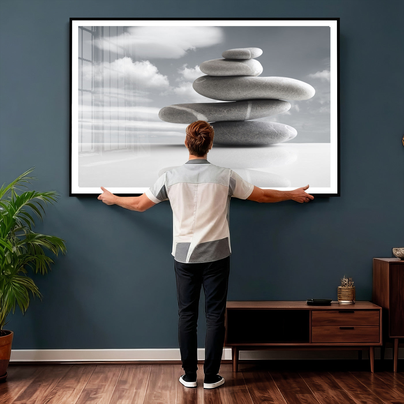 86426188-MGV-CV-36X24 - Zen Stone Wall Art Canvas Print, Balanced Rock Stack Framed Spa Artwork, Minimalist Meditation Decor for Living Room Bedroom Office Bathroom