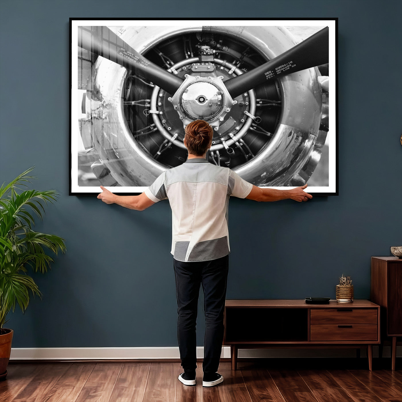 73322230-MGV-CV-36X24 - Vintage Propeller Plane Wall Art Canvas Print, Black and White Airplane Engine Close Up Framed Aviation Artwork for Pilot Office Hangar Decor