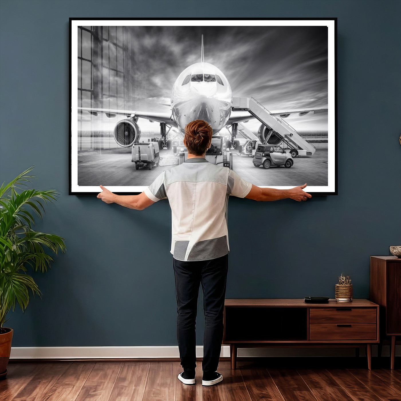 85885848-MGV-CV-36X24 - Airplane Wall Art Canvas Print, Black and White Jet Aircraft Airport Runway Framed Aviation Artwork for Pilot Office Hangar Travel Decor