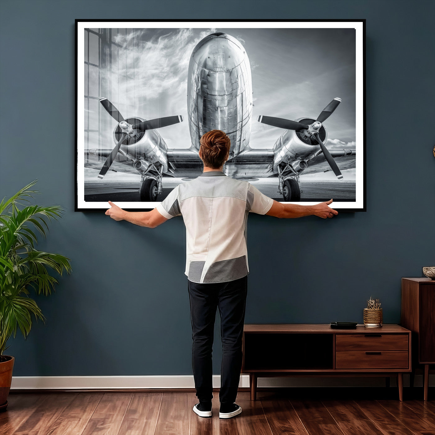 59729636-MGV-CV-36X24 - Vintage Propeller Plane Wall Art Canvas Print, Black and White Airplane Engine Close Up Framed Aviation Artwork for Pilot Office Hangar Decor