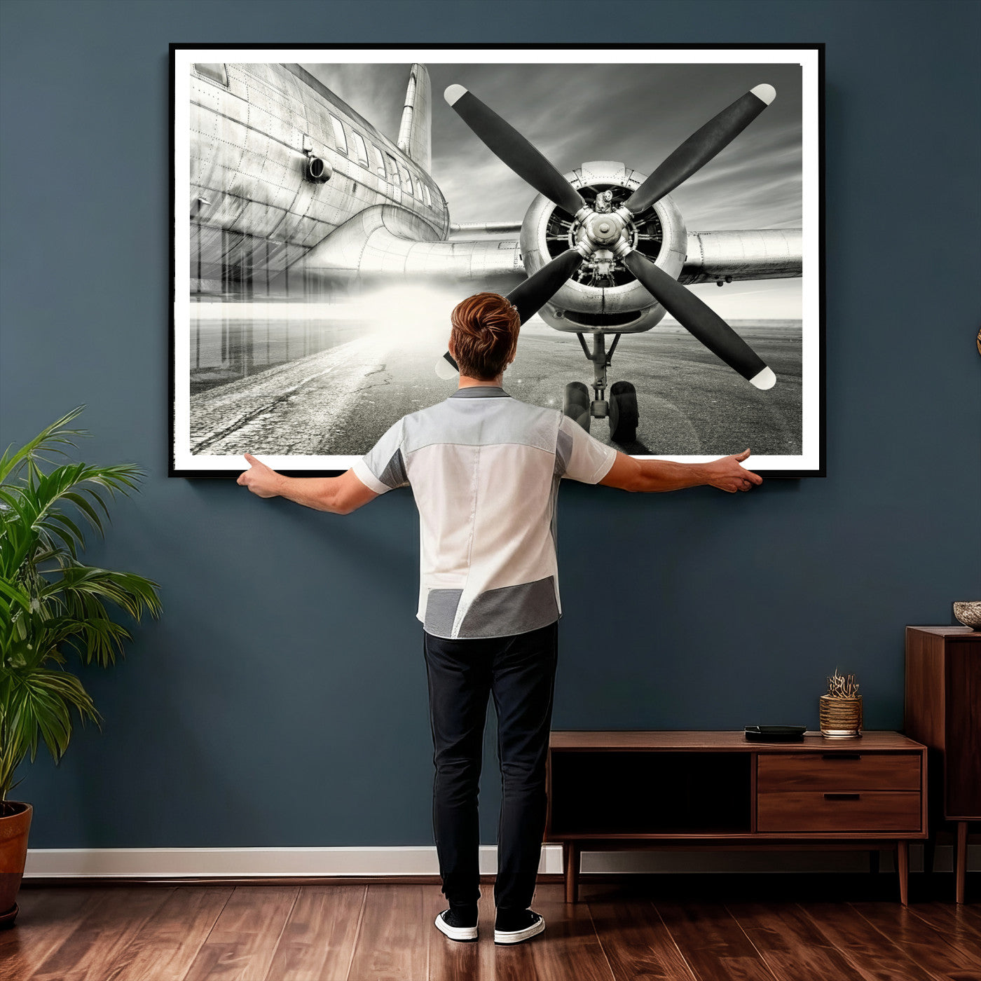 16420255-MGV-CV-36X24 - Vintage Airplane Wall Art Canvas Print, Black and White Propeller Aircraft Framed Aviation Artwork for Pilot Office Hangar Living Room Decor