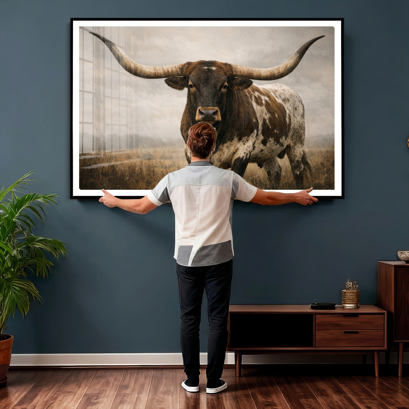 17622011L-MGV-CV-36X24 - Longhorn Bull Wall Art Canvas Print, Western Farmhouse Cowboy Decor, Rustic Texas Ranch Cattle Artwork for Living Room Bedroom Office, Framed Wall Decor