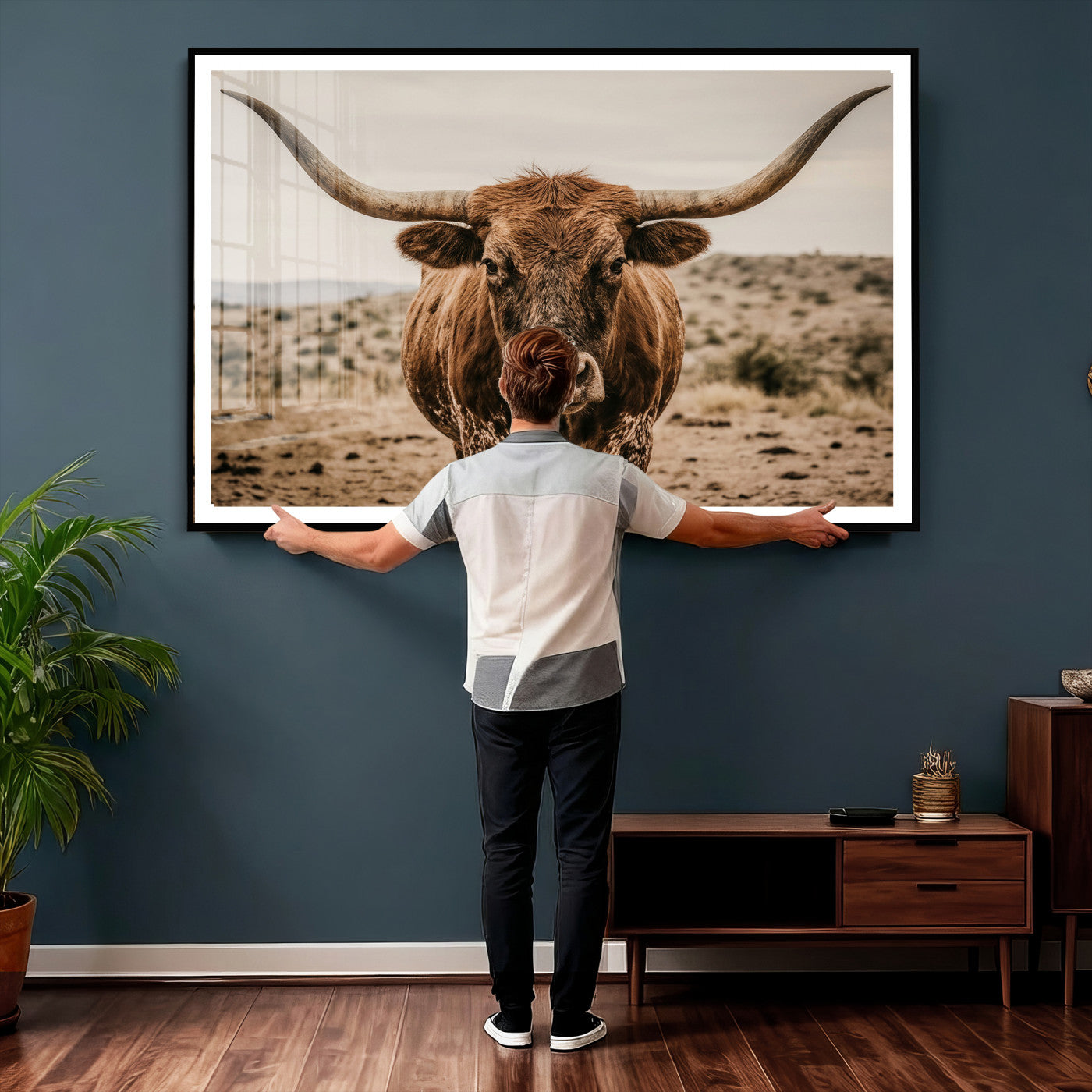 17622011K-MGV-CV-36X24 - Texas Longhorn Bull Wall Art Canvas Print, Western Farmhouse Cowboy Decor, Rustic Texas Ranch Cattle Artwork for Living Room Bedroom Office, Framed Wall Decor