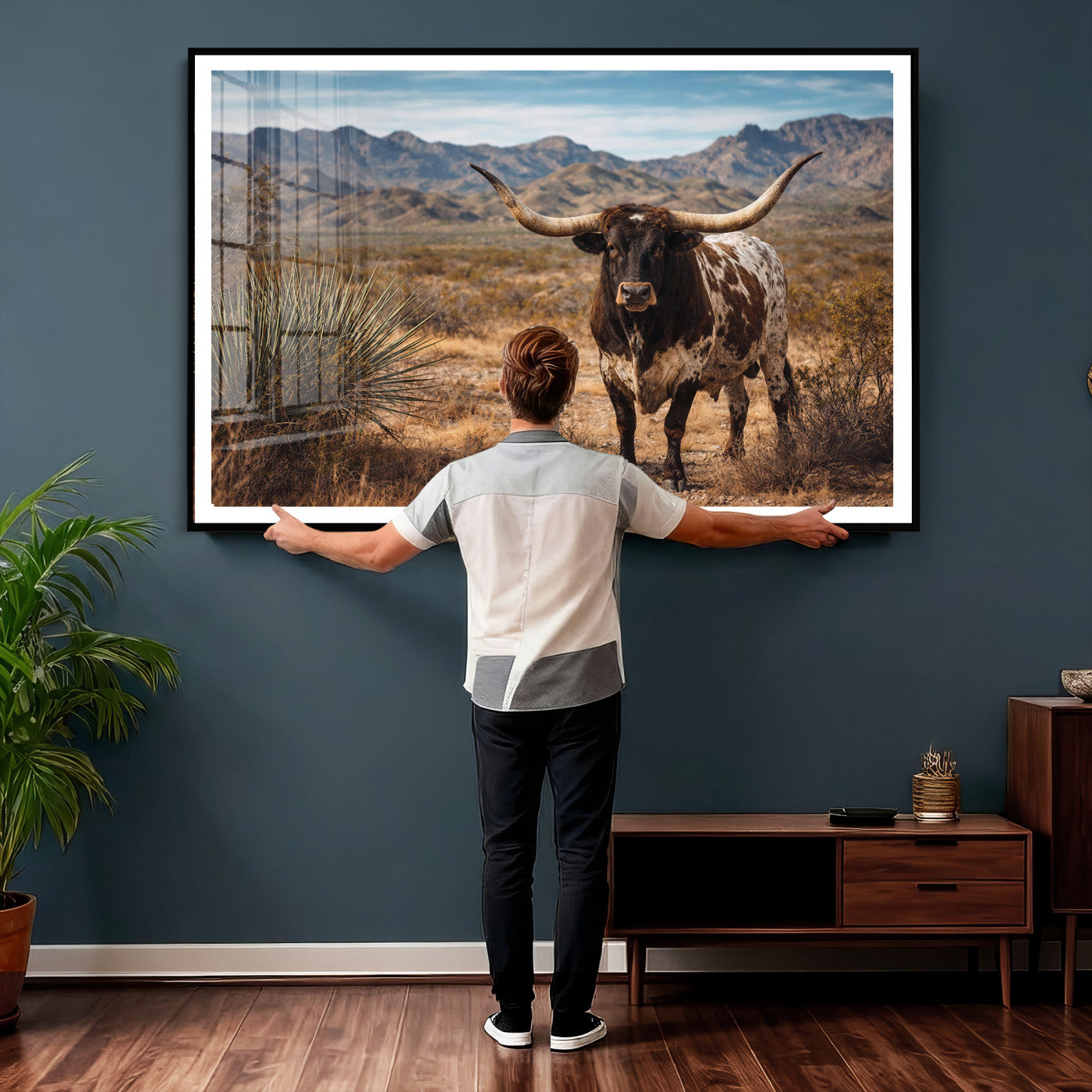 17622011S-MGV-CV-36X24 - Texas Longhorn Bull Wall Art Canvas Print, Western Farmhouse Cowboy Decor, Rustic Texas Ranch Cattle Artwork for Living Room Bedroom Office, Framed Wall Decor