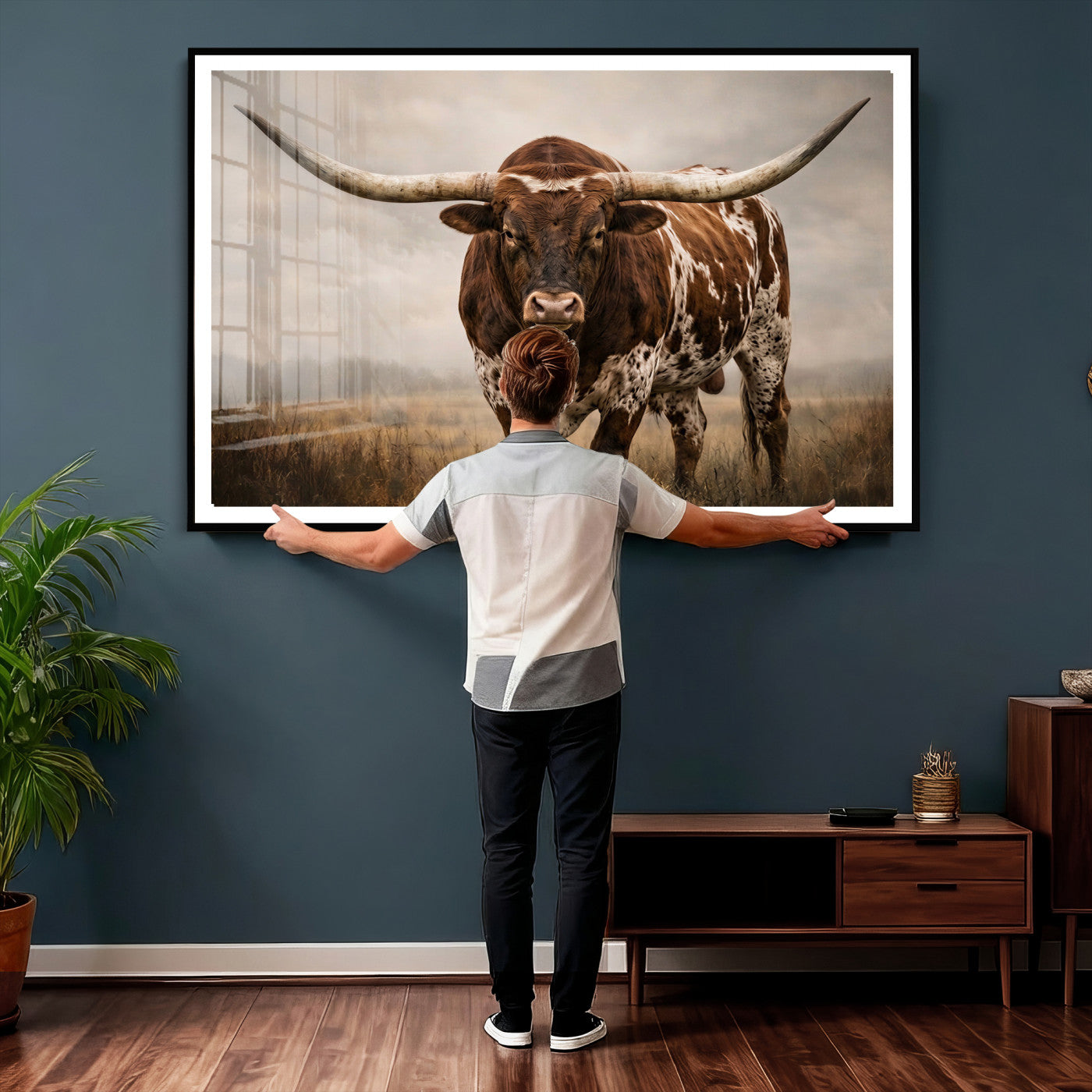 25239047-MGV-CV-36X24 - Texas Longhorn Canvas Wall Art Western Bull Desert Moody Grey Overcast Rustic Farmhouse Framed Large for Living Room Bedroom Office Decor
