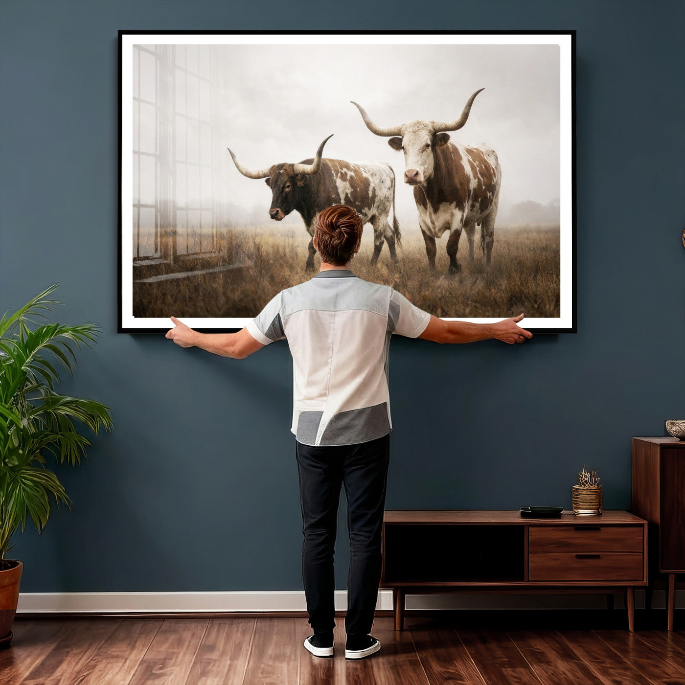 92881702-MGV-CV-36X24 - Texas Longhorn Canvas Wall Art Western Bull Desert Moody Grey Overcast Rustic Farmhouse Framed Large for Living Room Bedroom Office Decor
