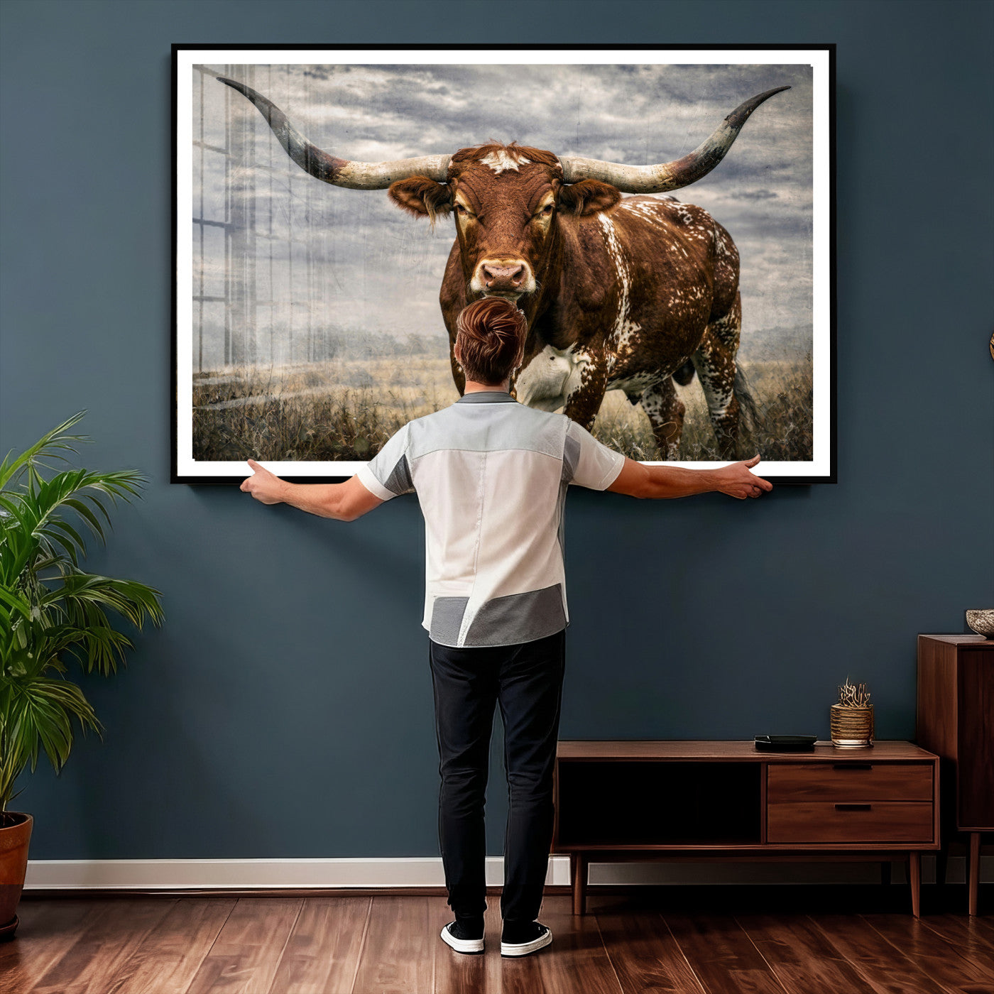 14372769-MGV-CV-36X24 - Texas Longhorn Canvas Wall Art Western Bull Desert Moody Grey Overcast Rustic Farmhouse Framed Large for Living Room Bedroom Office Decor