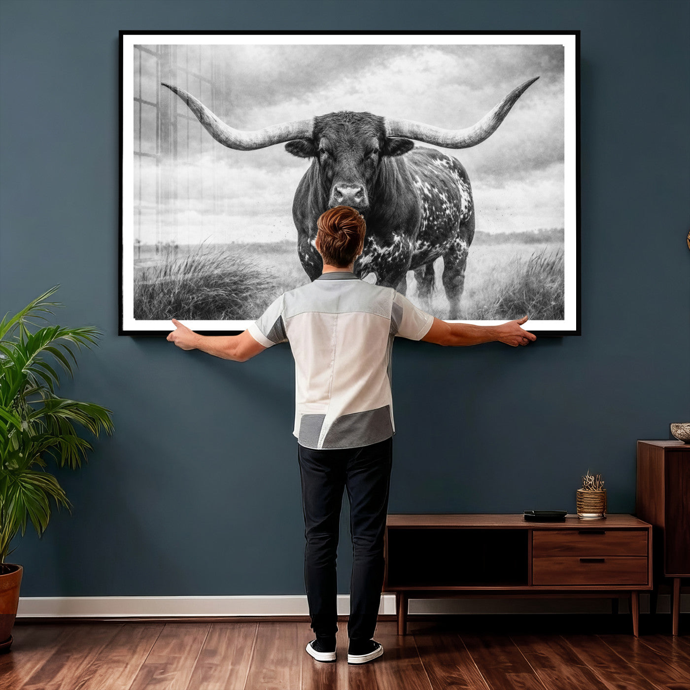 19951238-MGV-CV-36X24 - Texas Longhorn Canvas Wall Art Western Bull Desert Moody Grey Overcast Rustic Farmhouse Framed Large for Living Room Bedroom Office Decor