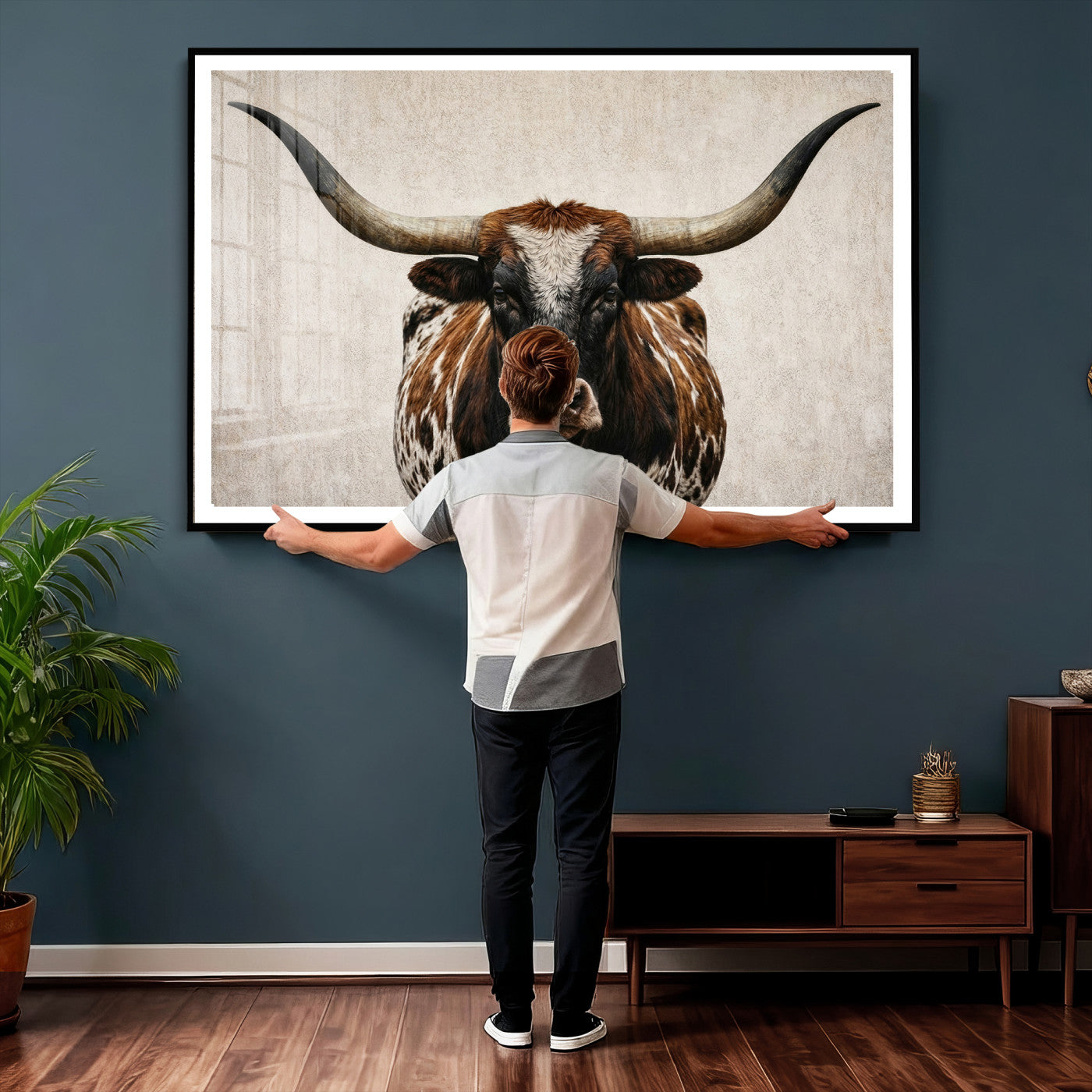 58622065-MGV-CV-36X24 - Texas Longhorn Canvas Wall Art Western Bull Desert Moody Grey Overcast Rustic Farmhouse Framed Large for Living Room Bedroom Office Decor