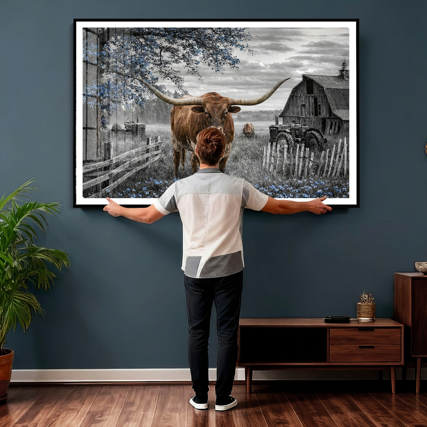 19366343-MGV-CV-36X24 - Texas Longhorn Canvas Wall Art, Rustic Farm Barn Bluebonnet Photography Print, Farmhouse Country Decor, Western Ranch Art, Old Truck Tractor Print