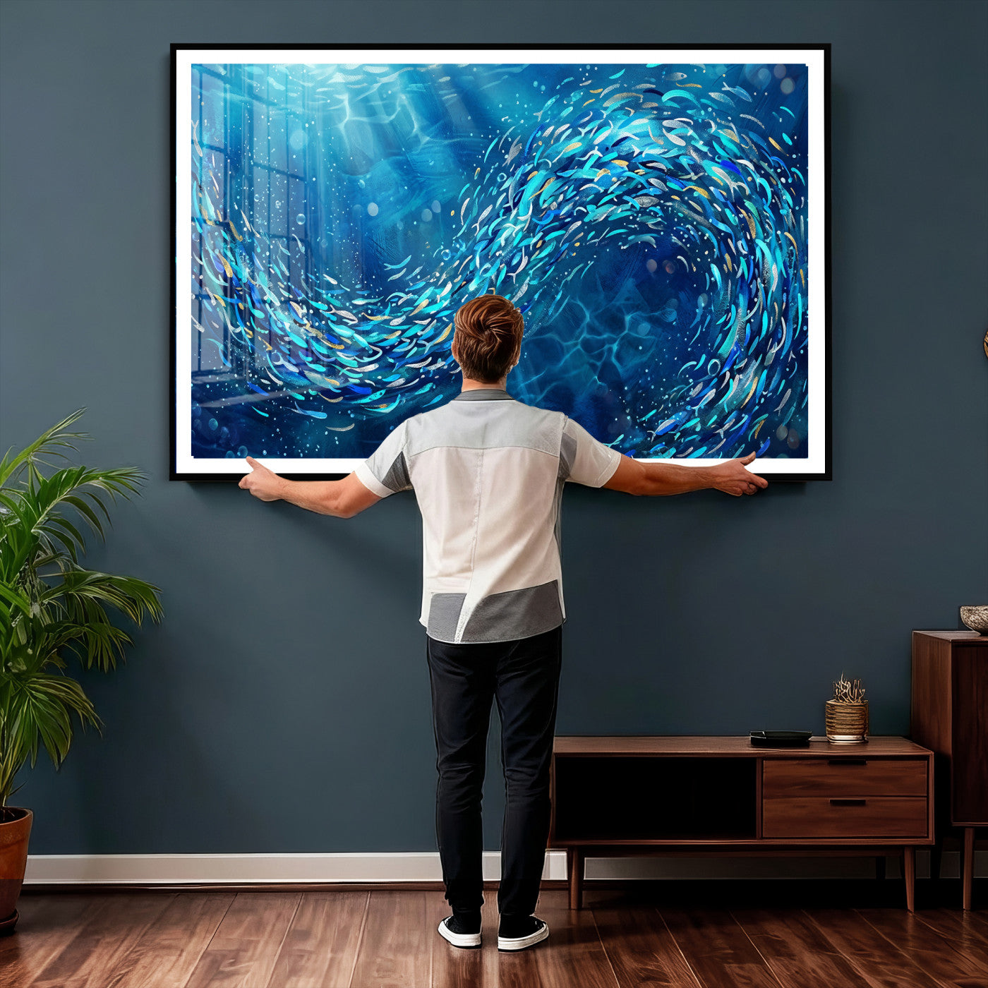 54535639-MGV-CV-36X24 - School of Fish Canvas Print | Blue Ocean Underwater Wall Art | Swirling Fish Shoal Illustration | Marine Navy Coastal Decor