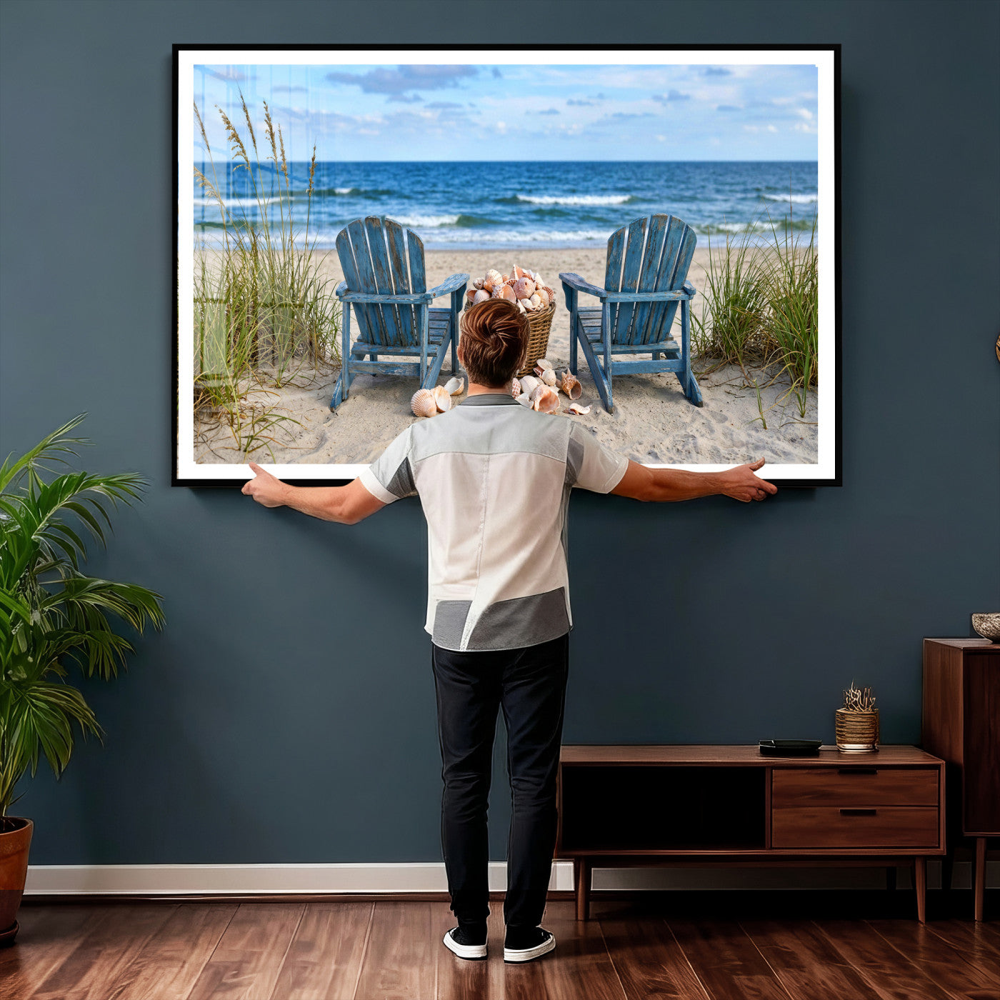 80268829-MGV-CV-36X24 - Large Beach Canvas Wall Art Coastal Adirondack Chairs Ocean Seashells Blue Nautical Framed Large for Living Room Bedroom Bathroom Decor