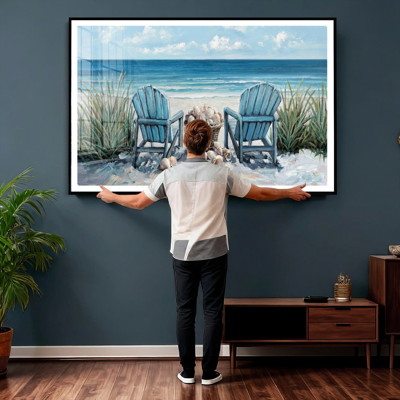 11973028-MGV-CV-36X24 - Beach Canvas Wall Art Coastal Adirondack Chairs Ocean Seashells Blue Nautical Framed Large for Living Room Bedroom Bathroom Decor