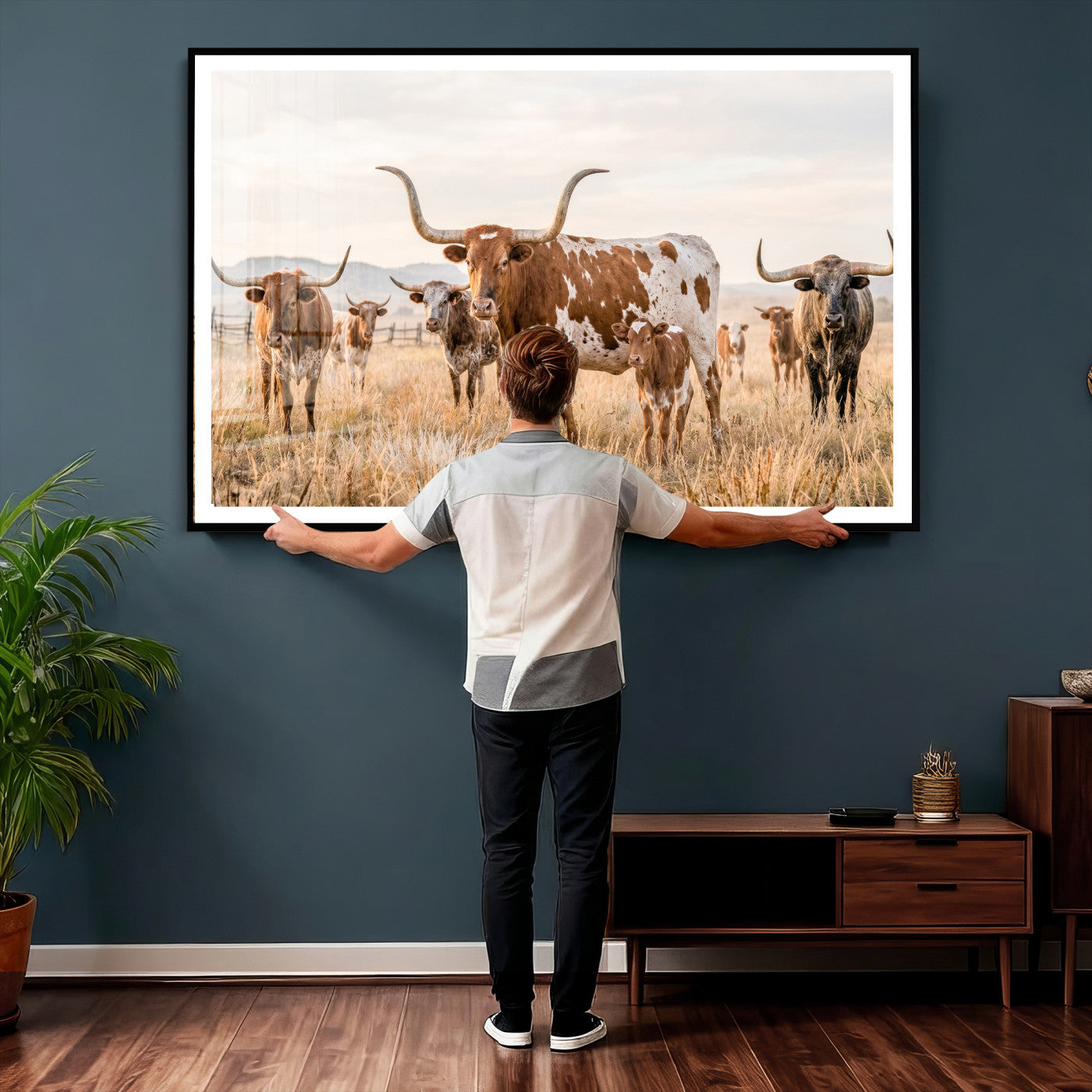 62336425AC-MGV-CV-36X24 - Texas Longhorn Canvas Wall Art, Rustic Farm Animal Photography Print, Farmhouse Country Decor, Western Ranch Art