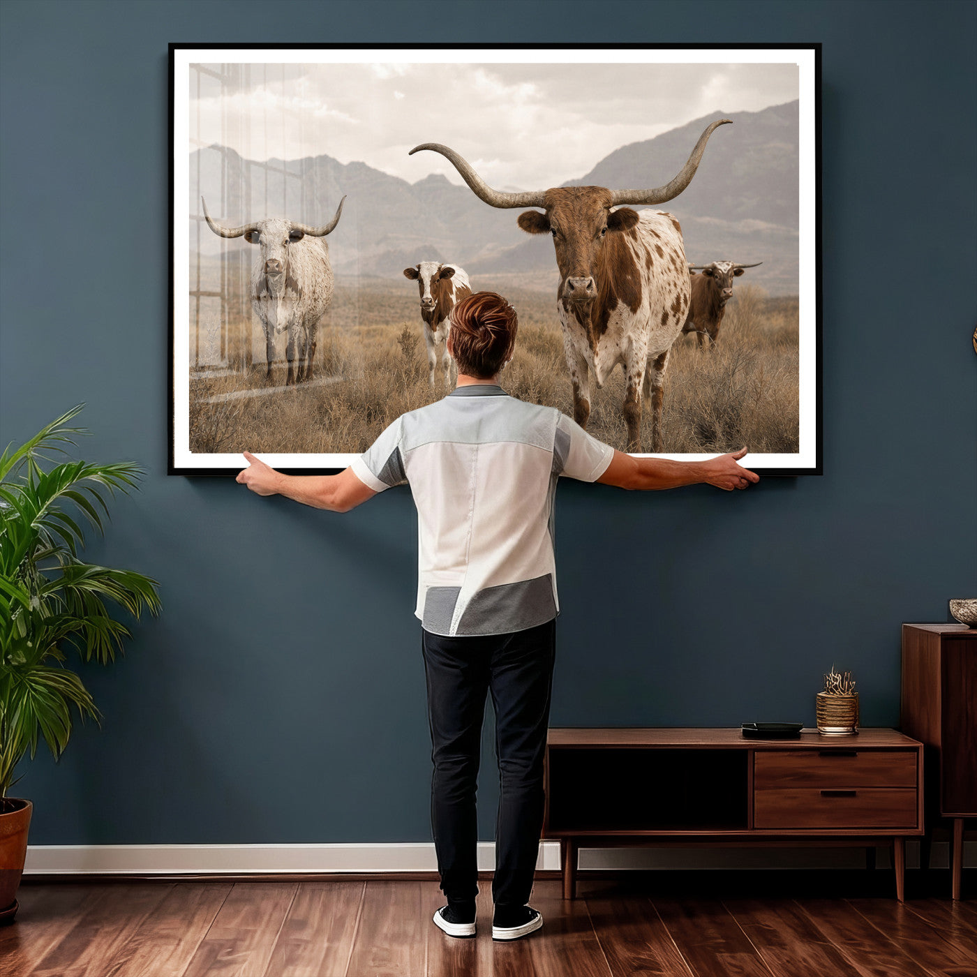 62336425AD-MGV-CV-36X24 - Rustic Texas Longhorn Cow Canvas Wall Art Print, Rustic Farm Animal Photography Print, Farmhouse Country Decor, Western Ranch Art