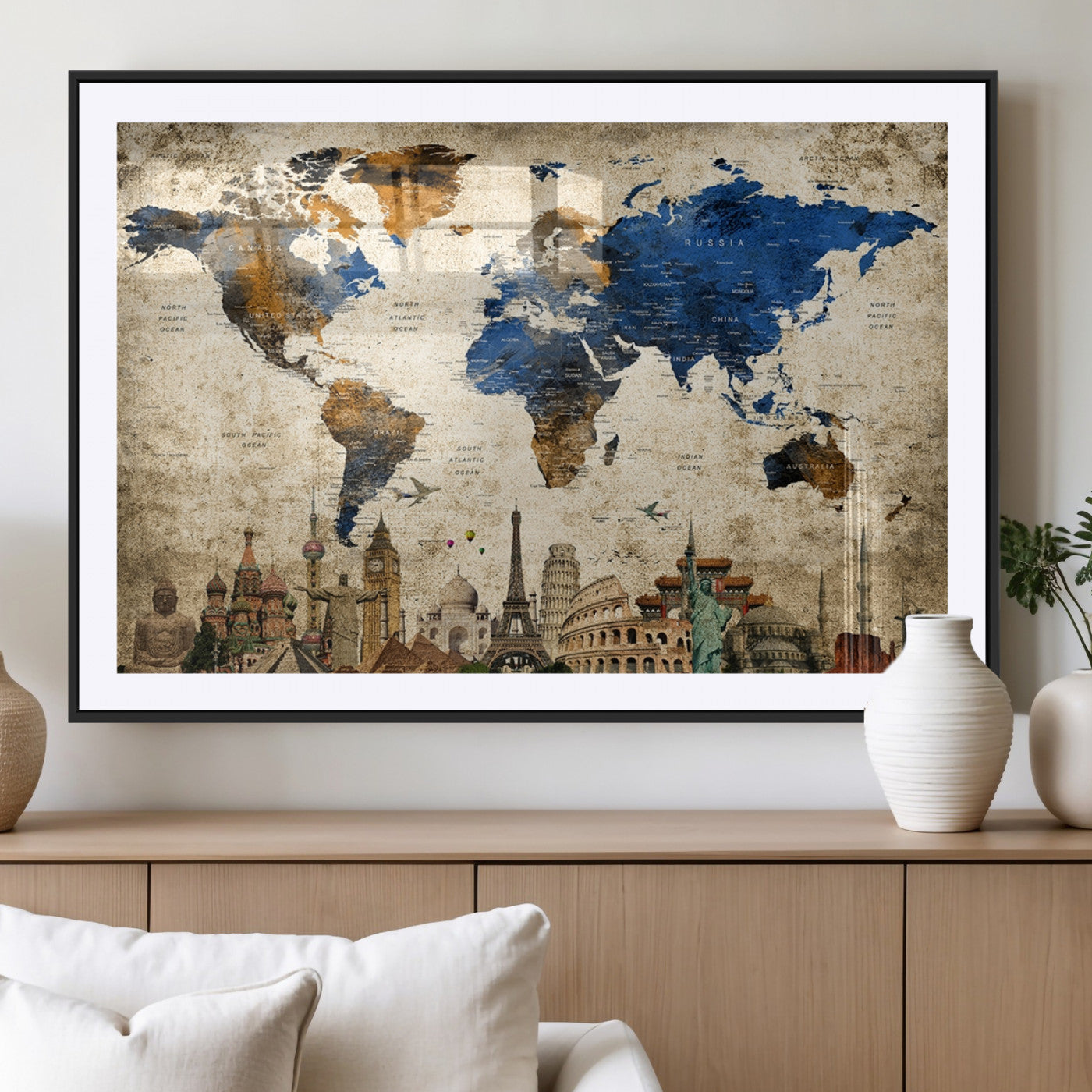 20261-MGV-CV-36X24-World Map Canvas Print – Vintage Blue and Gold World Map Wall Art, Framed Travel Inspired Decor for Living Room or Office