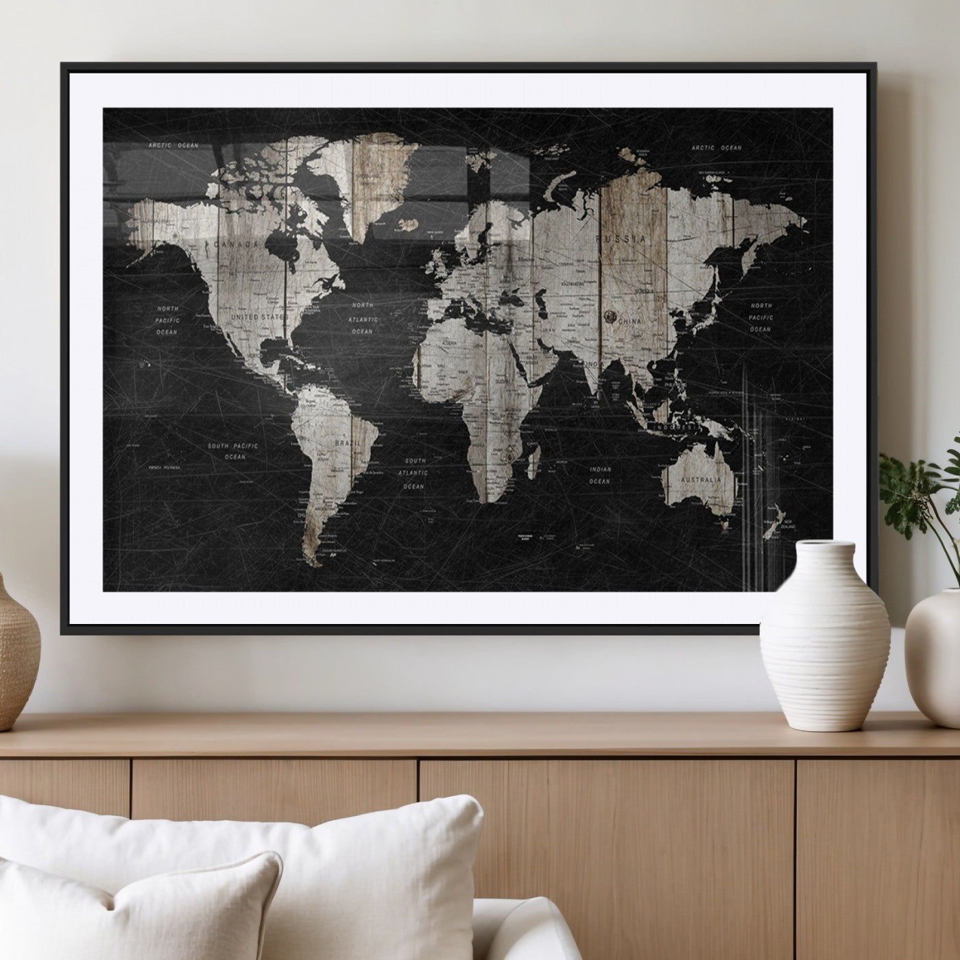 89998-MGC-FP-36x24_Black-Rustic Black and Wood World Map Canvas Wall Art – Framed Push Pin Travel Map for Home and Office Decor, Modern Vintage Wall Artwork