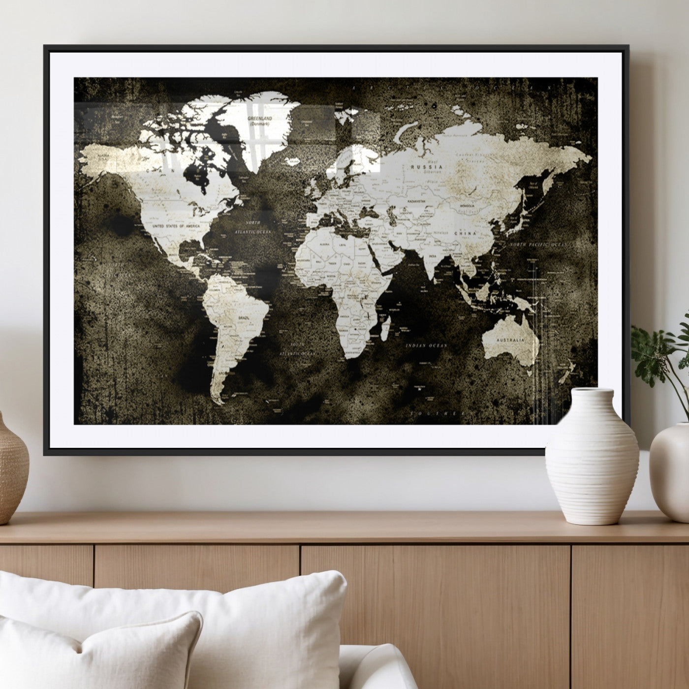 66737-MGC-FP-36x24_Black-Vintage World Map Canvas Wall Art – Framed Push Pin Travel Map for Home and Office Decor, Rustic Wall Artwork for Travelers