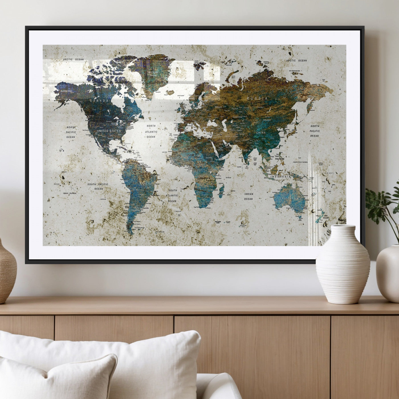78067-MGV-CV-36X24-Vintage World Map Wall Art Canvas Print, Framed Rustic Earth Map Art Picture Print, Antique Map Perfect Rustic Vintage Decor Artwork