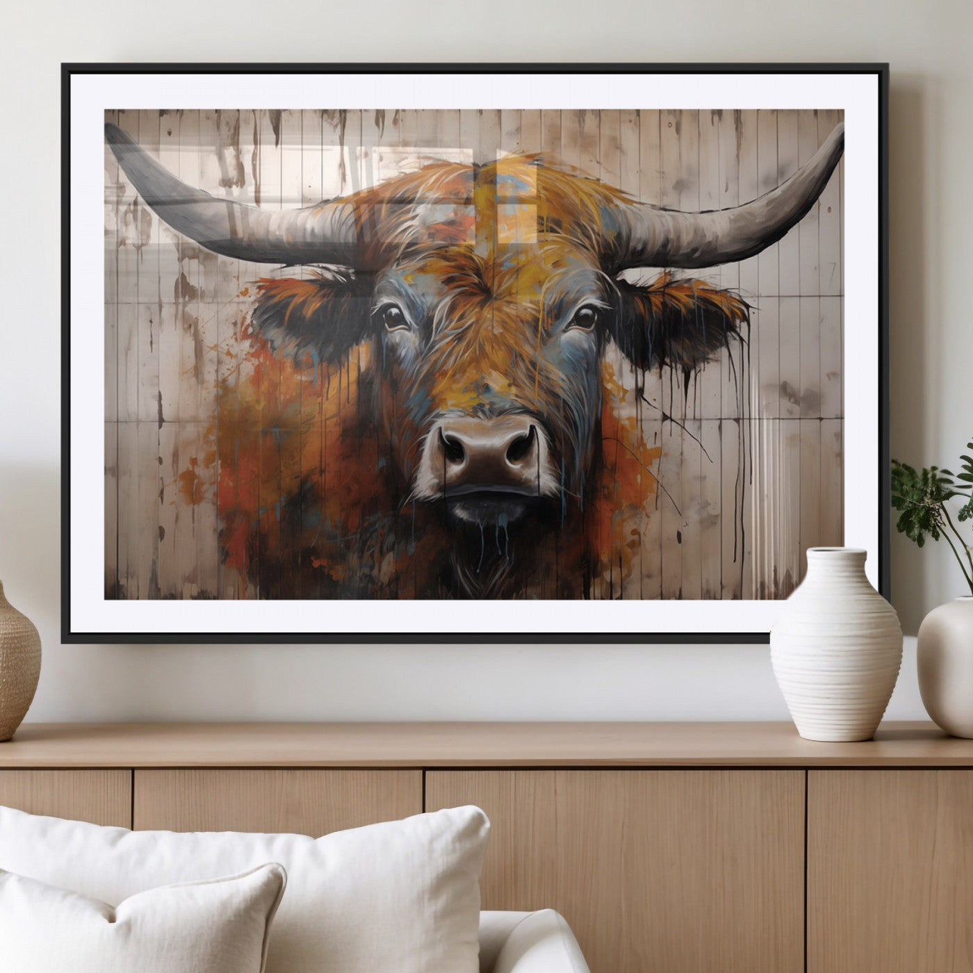 47284-MGV-CV-36X24-Abstract Bull Highland Cow Canvas Wall Art Print – Vibrant Rustic Charm in Modern Farmhouse Decor –