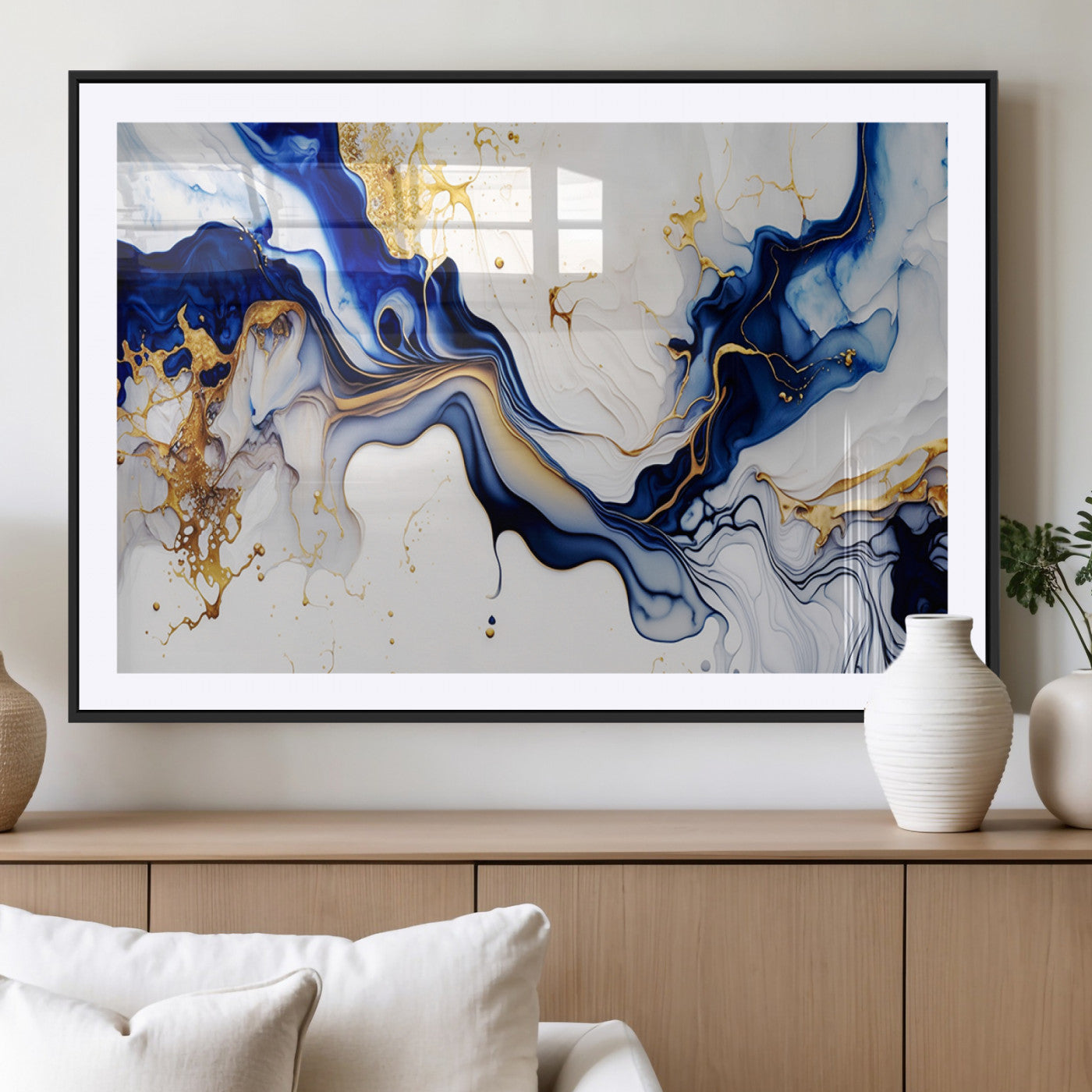 93392-MGV-CV-36X24-Golden Cascades on Midnight Blue – Deep Blue Abstract Wall Art Flowing Elegance | Wall Art Canvas,