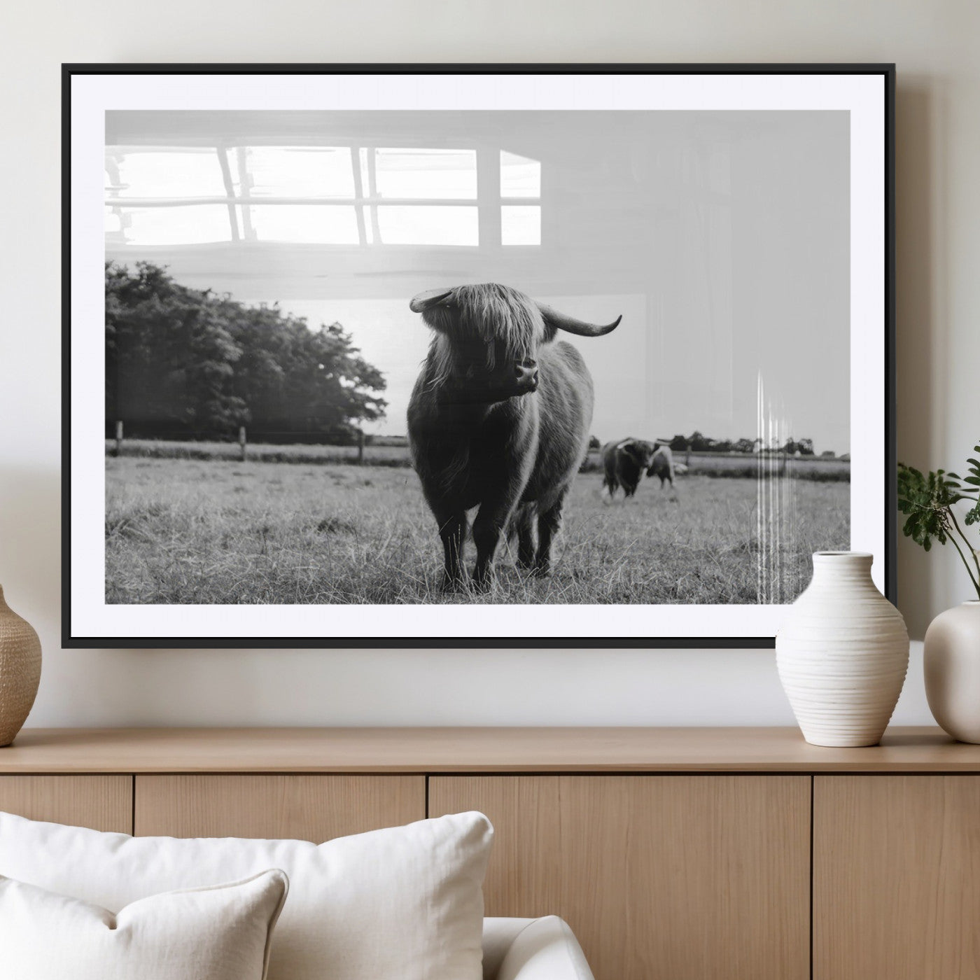-Black and White Highland Cow Wall Art Canvas Print | Rustic Western Decor for Living Room or Office,
