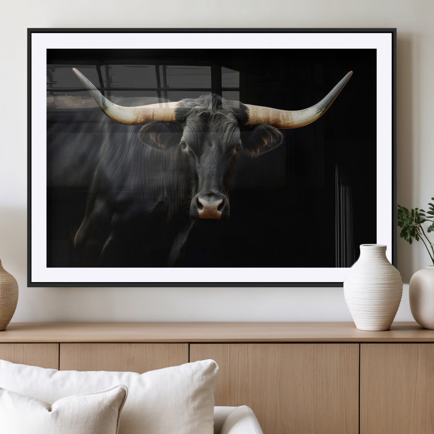 -Black Bull Wall Art – Majestic Longhorn Canvas Print with Dark Background, Rustic Western Farmhouse Decor for Living Room or Office