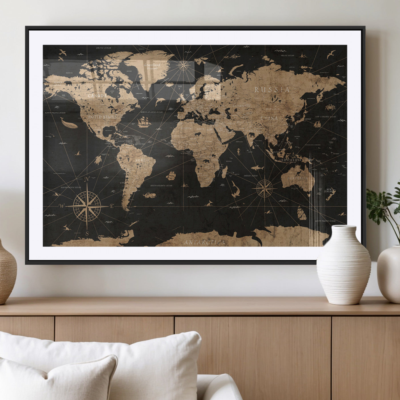 61023-MGV-CV-36X24-Vintage Push Pin World Map Canvas Print – Framed Travel Tracker Wall Art, Rustic Adventure Map Gift for Home or Office Decor