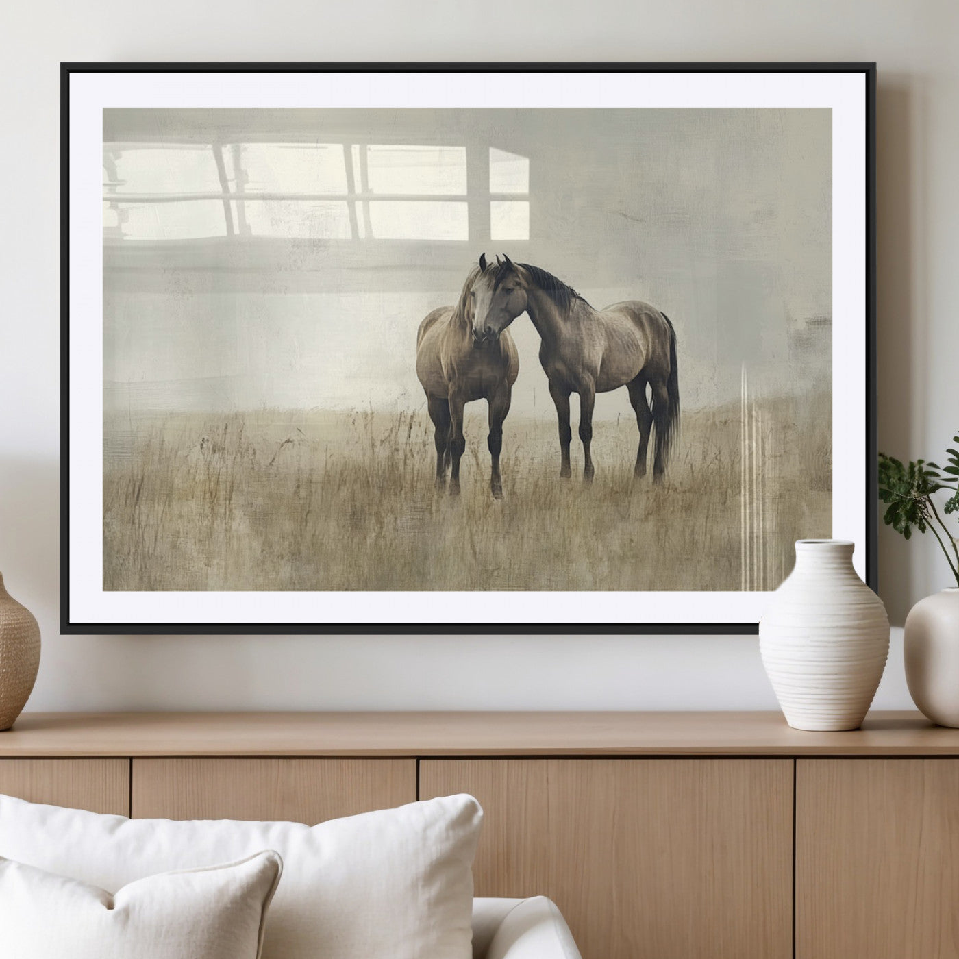 -Chines Style Grunge Horses Wall Art Canvas Print