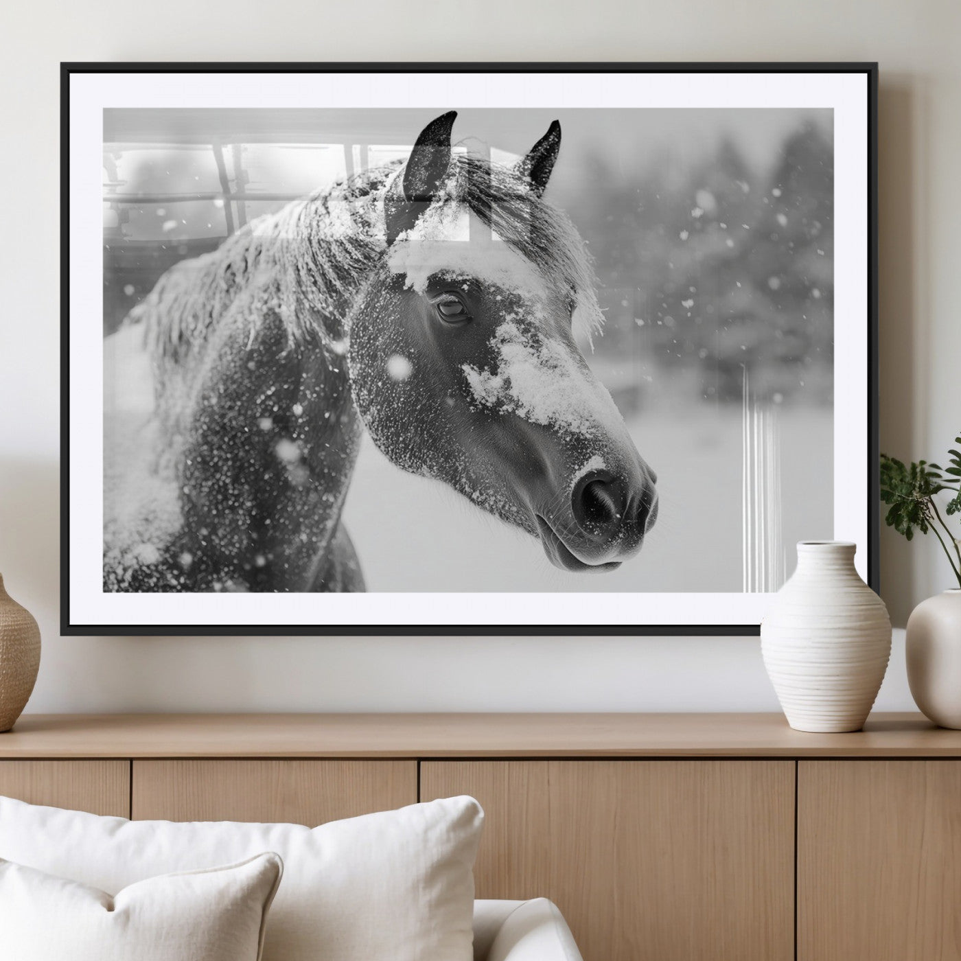 -Black Horse Winter Wall Art | Ready to Hang and Framed | Farmhouse and Western Wall Decor for Living