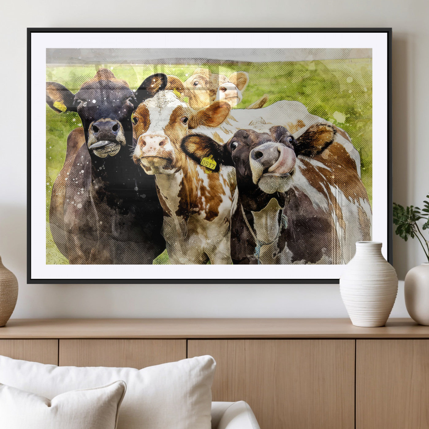 62642-MGV-CV-36X24-Curious Cows Farmhouse Wall Art | Ready to Hang and Framed Canvas Print | Rustic Farm Decor