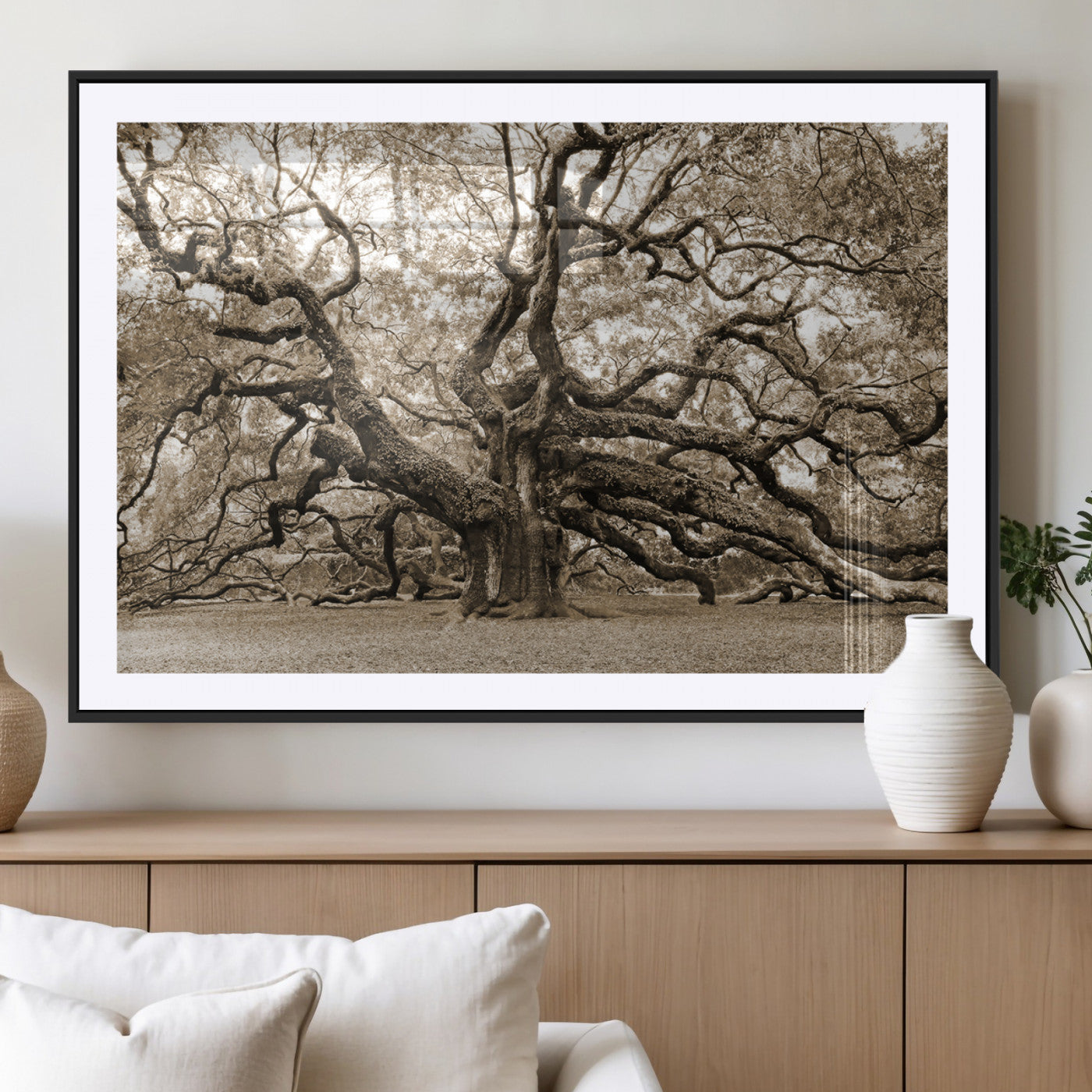 51126-MGV-CV-36X24 - Sepia Framed Angel Oak Tree Wall Art - 3-Panel Canvas Prints, Large Green Nature Artwork, Ready to