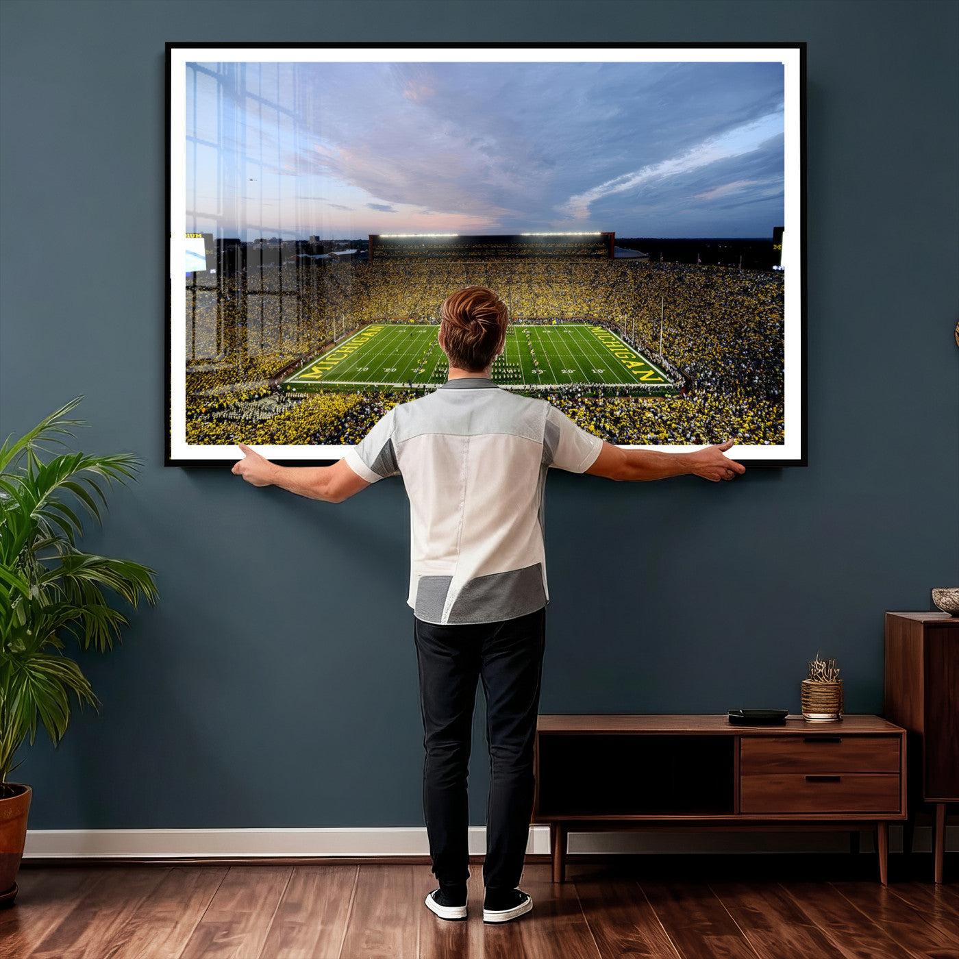 82641-MGV-CV-36X24 - Michigan Stadium Wall Art Canvas Print, Vibrant Game Day Crowd and Sunset Sky Football Field Artwork for Home, Office