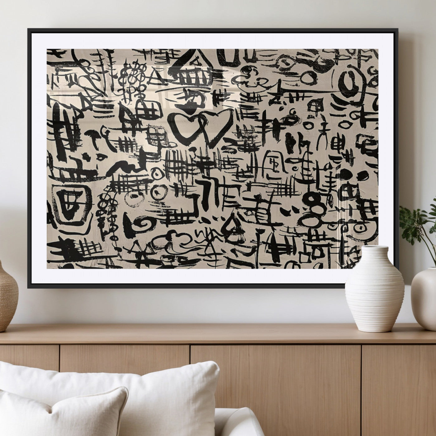 68273-MGC-FP-36x24 - Abstract Love and Chaos Canvas Print, Black Symbols on Beige