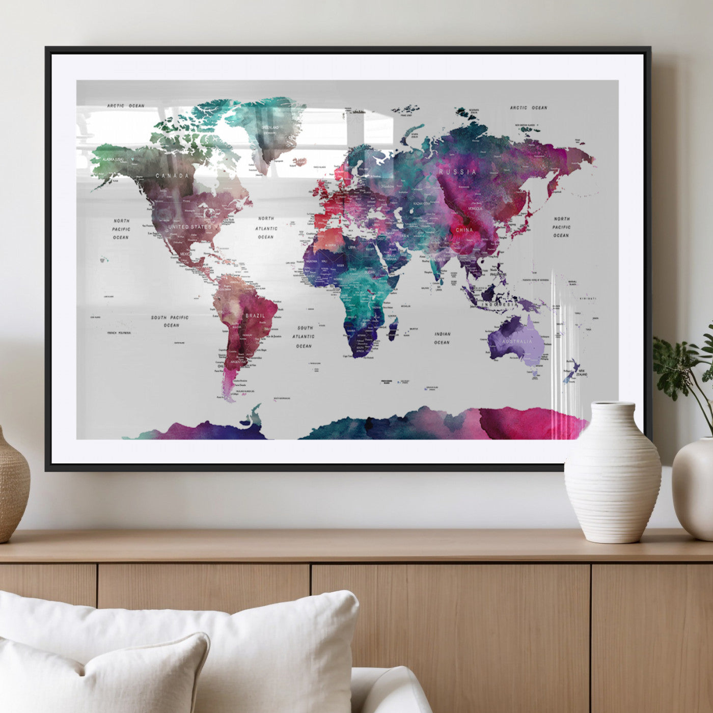 78176-MGV-CV-36X24-Colorful Watercolor World Map Canvas Wall Art – Framed Modern Map Print, Vibrant Travel Inspired Artwork for Home and Office Decor