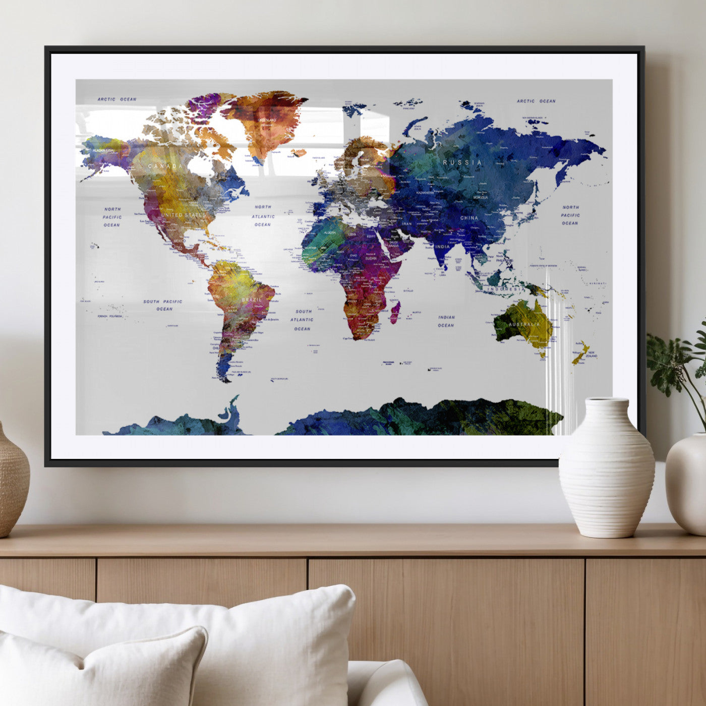 90446-MGC-FP-36x24_Black-Colorful Watercolor World Map Canvas Wall Art – Framed Modern Push Pin Travel Map for Home and Office Decor