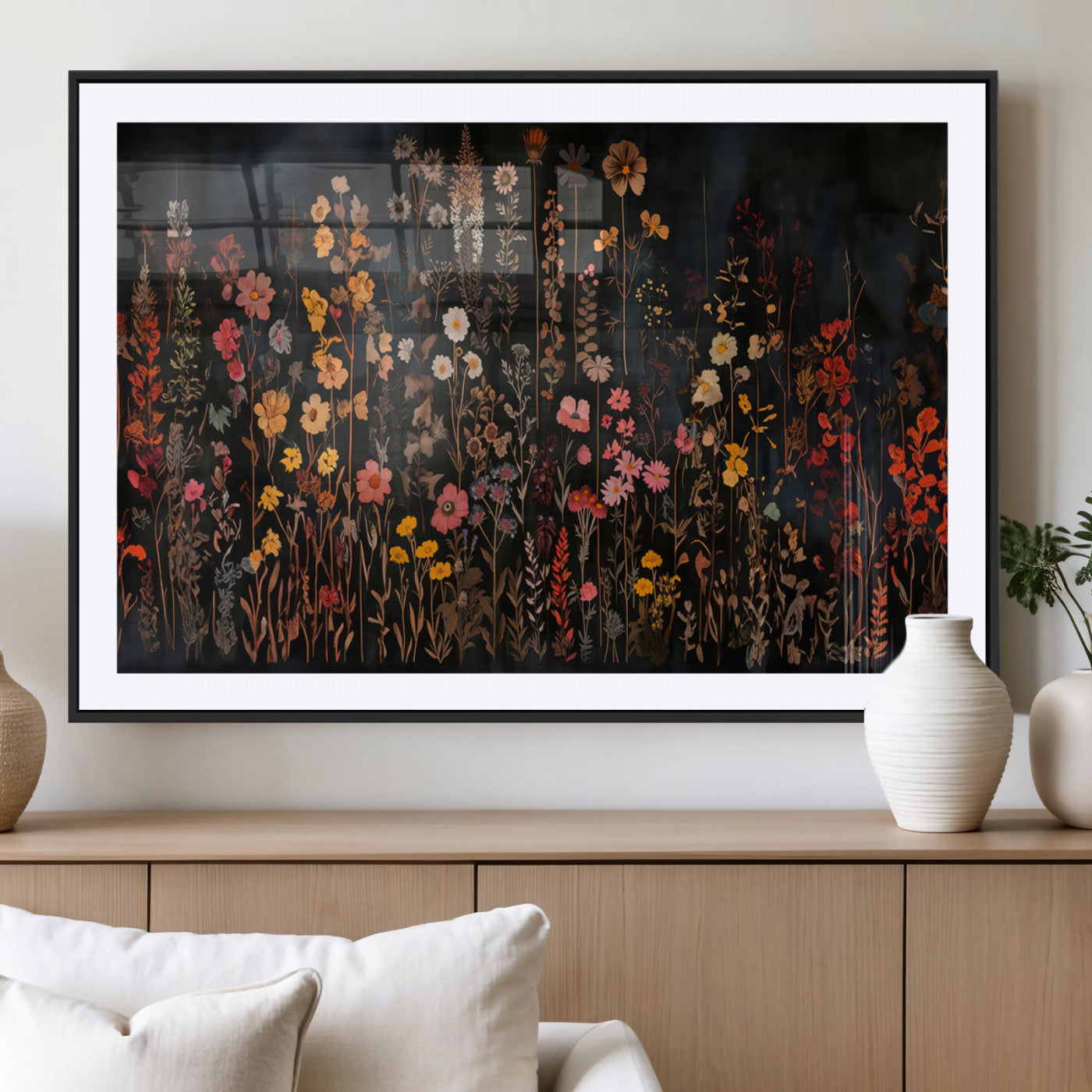 AbstFLF-MGC-FP-36x24_Black-Large Floral Painting Print Illustration Flowers Canvas Wall Art Botanical Wall Decor Modern