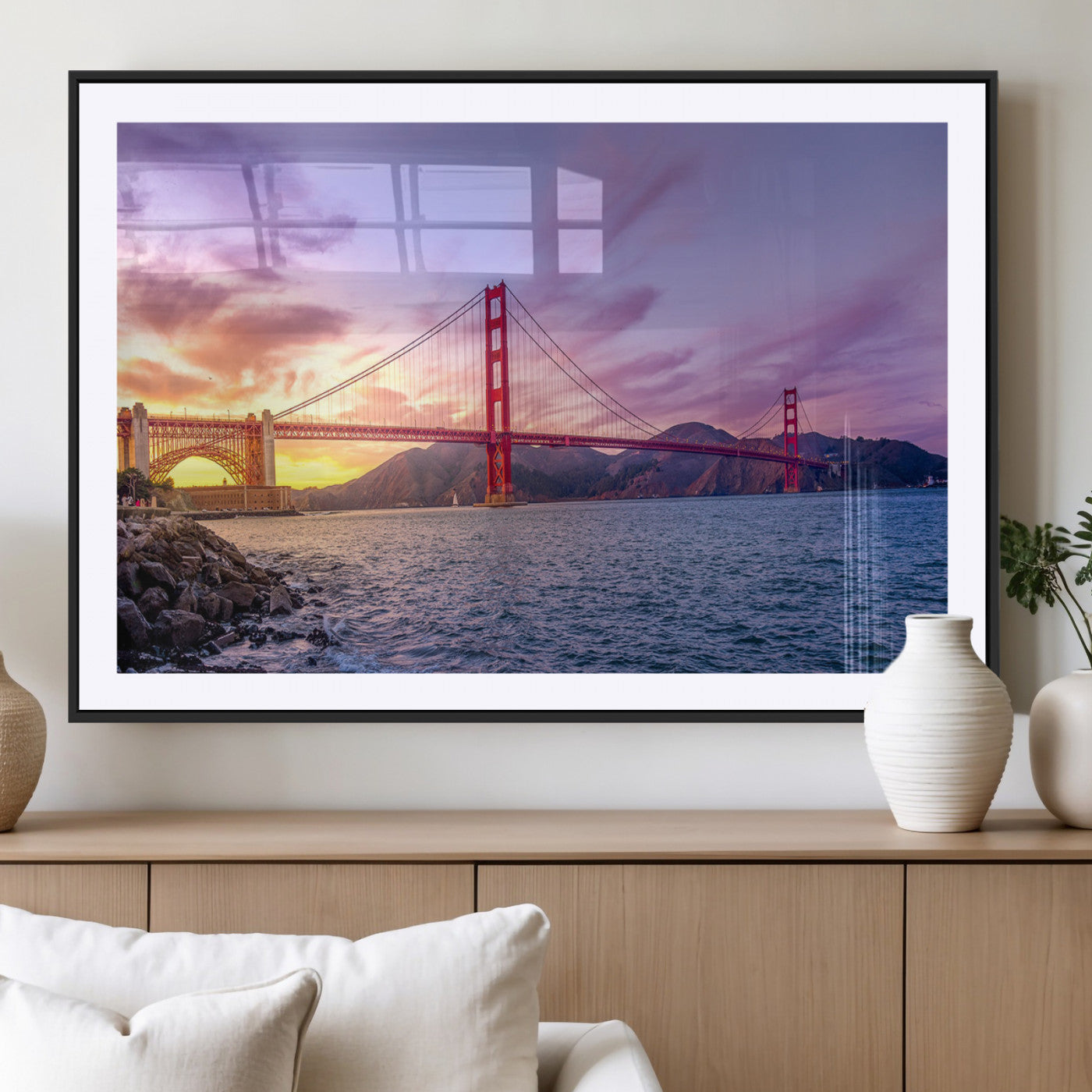 MGC-FP-36x24 - Golden Gate Bridge Wall Art Print, San Francisco Sunset Canvas Wall Art, Cityscape Canvas Print for