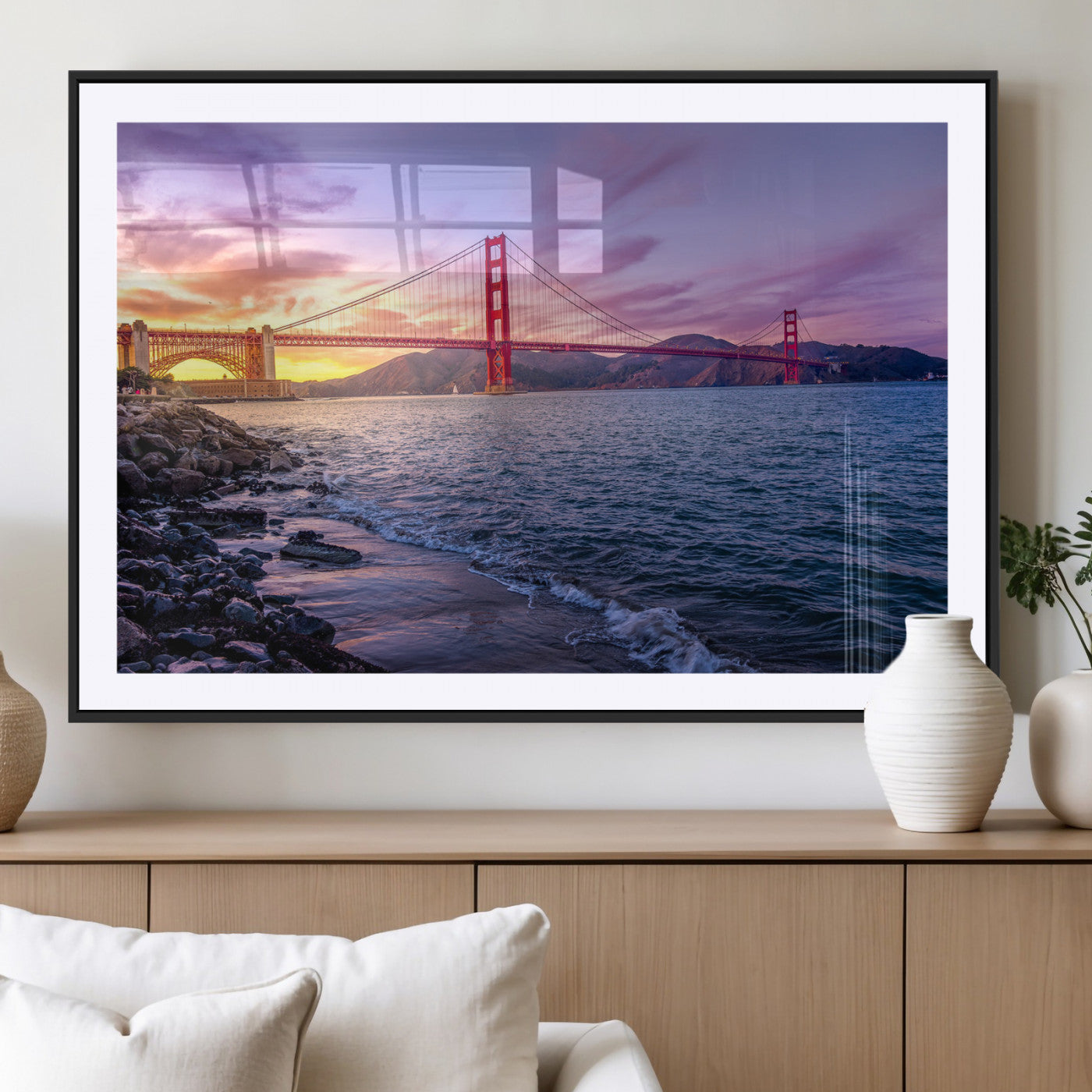 -Golden Gate Bridge Wall Art Canvas Print – Framed San Francisco Sunset Scene with Cityscape Artwork for Home, Office