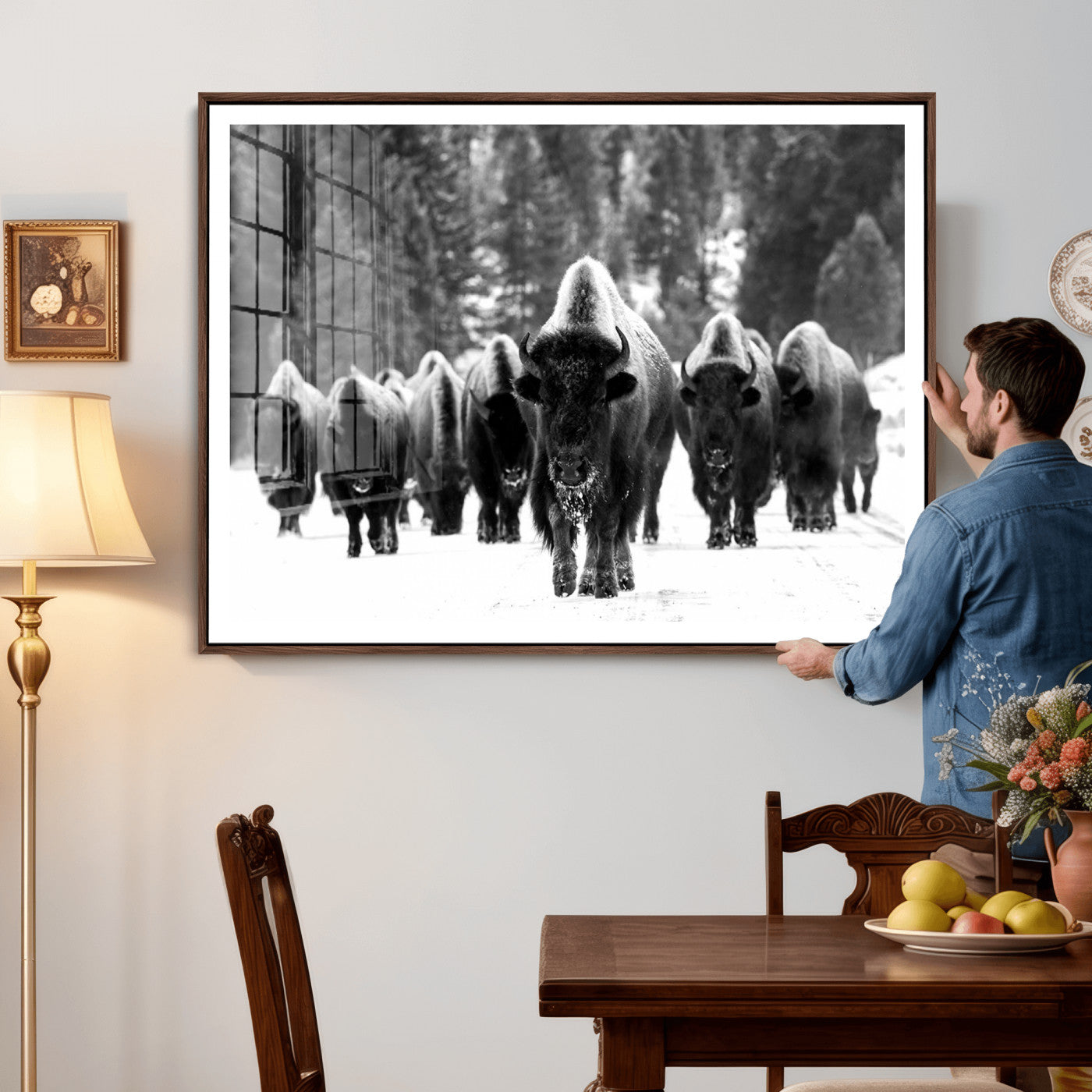 62434-MGV-CV-36X24 - Bison Herd in Snow Wall Art Canvas Print | Rustic Western Bison Wall Art for Decor for Living Room