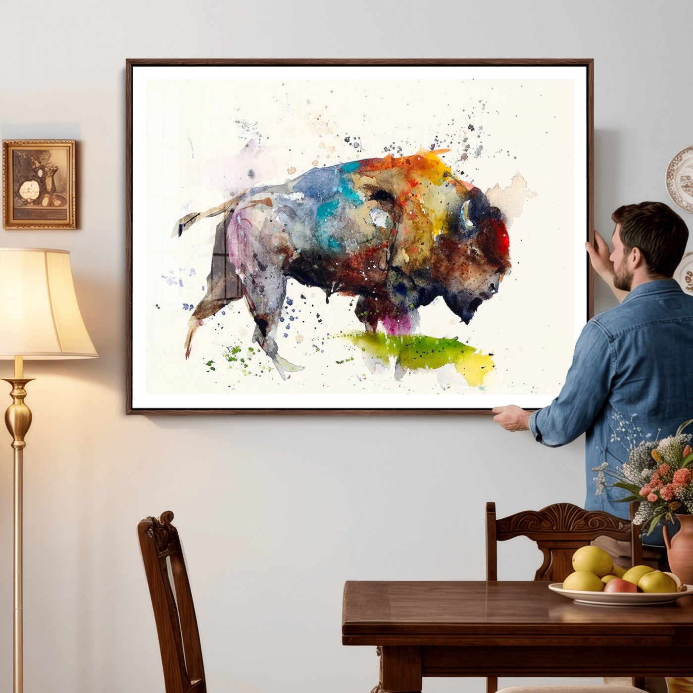 44504-MGV-CV-36X24 - Abstract Buffalo Wall Art, Western Watercolor Bison Canvas Print, Rustic Buffalo Art for Cowboy and